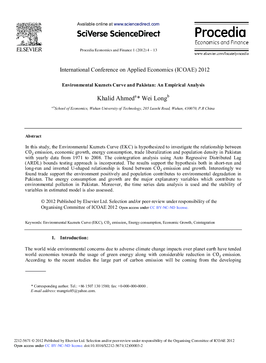 Environmental Kuznets Curve and Pakistan: An Empirical Analysis