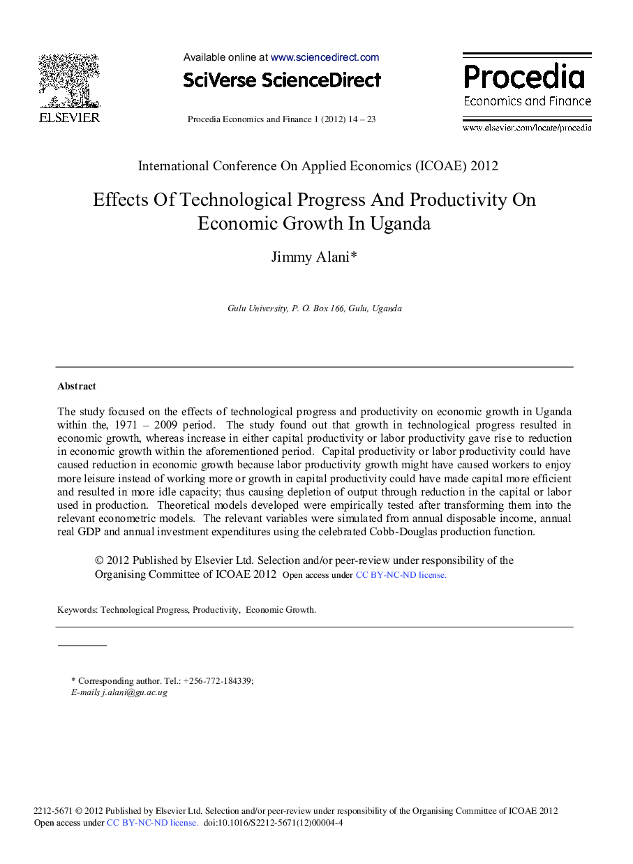 Effects of Technological Progress And Productivity on Economic Growth In Uganda