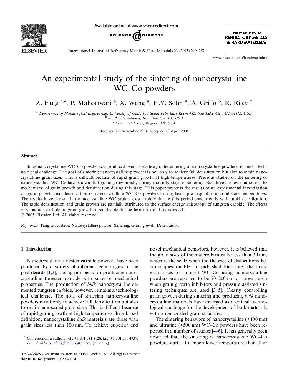 An experimental study of the sintering of nanocrystalline WC-Co powders