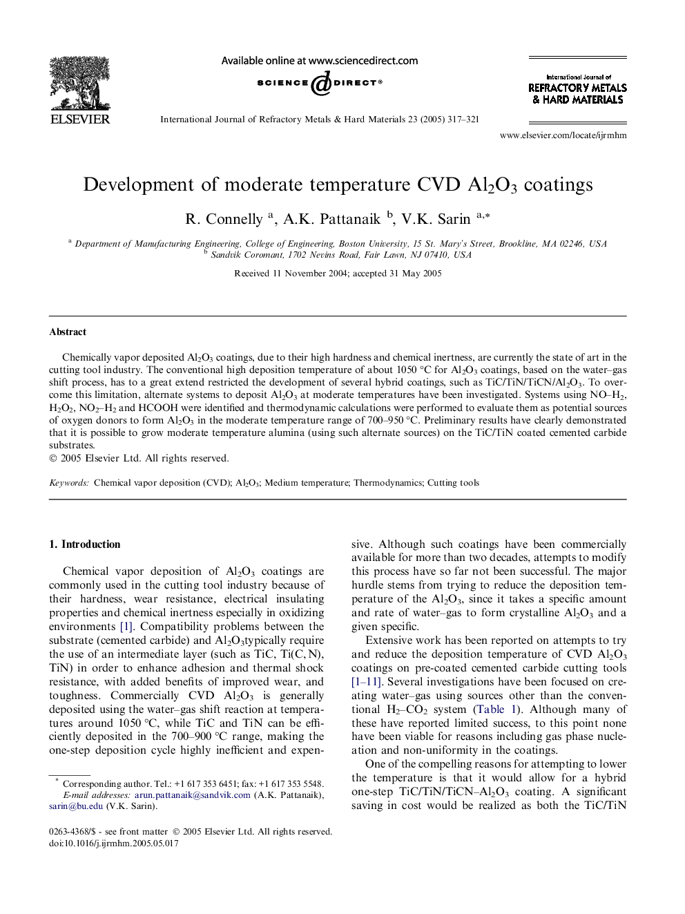 Development of moderate temperature CVD Al2O3 coatings