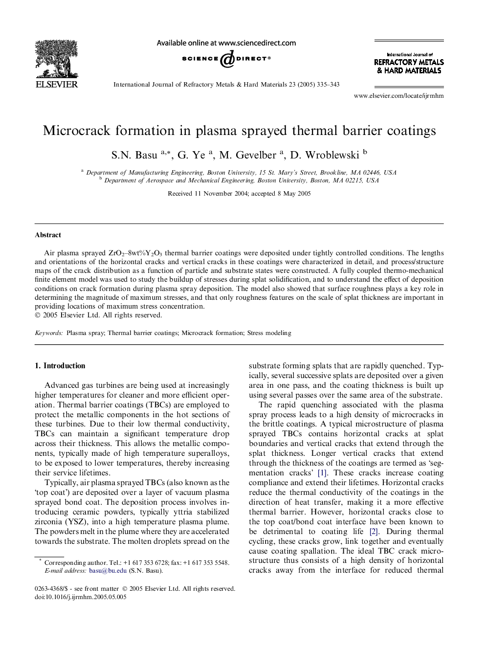 Microcrack formation in plasma sprayed thermal barrier coatings