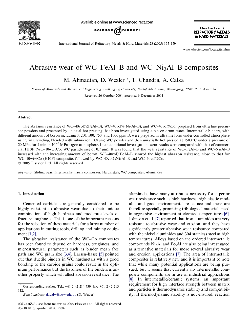 Abrasive wear of WC-FeAl-B and WC-Ni3Al-B composites