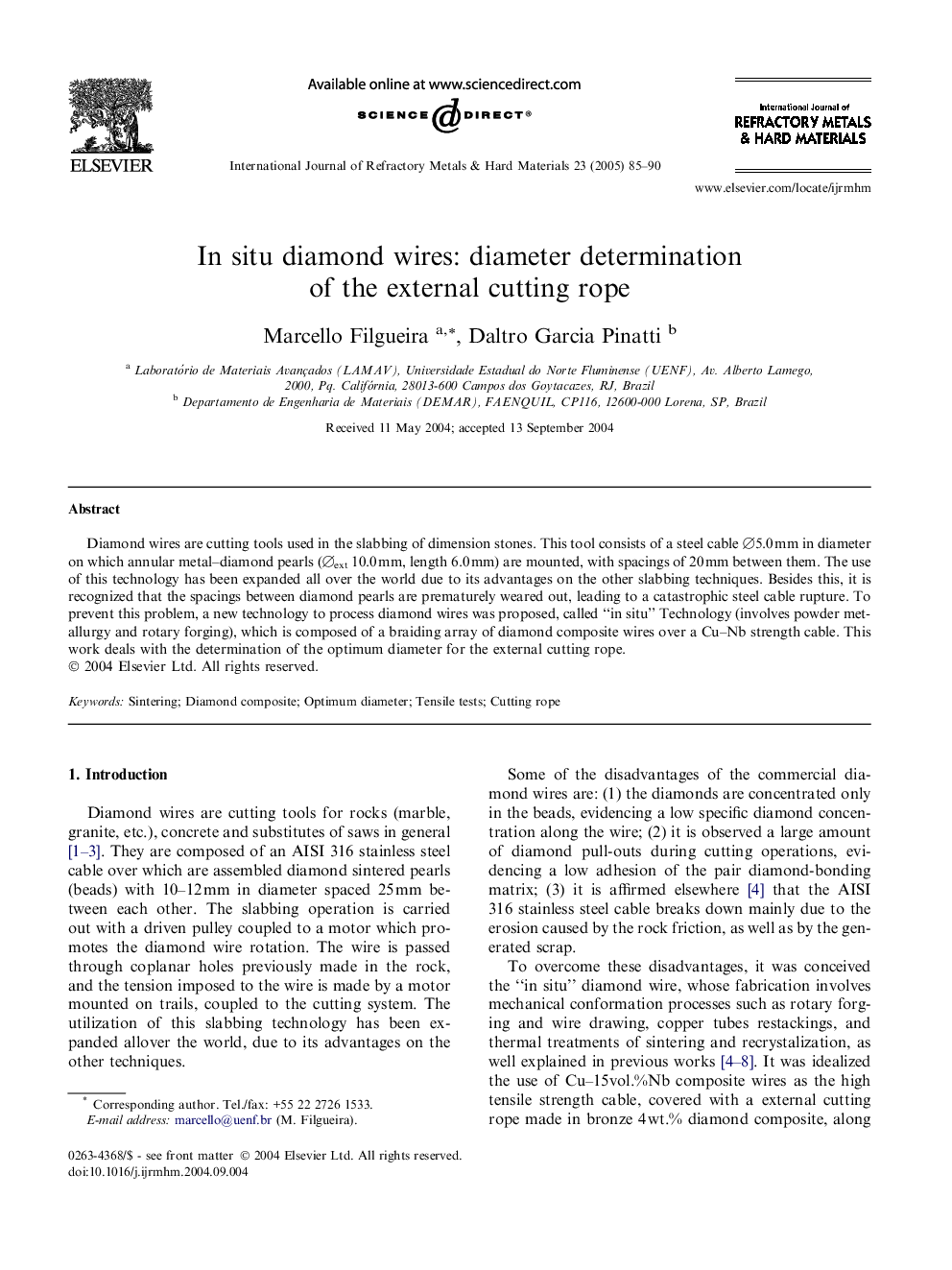 In situ diamond wires: diameter determination of the external cutting rope