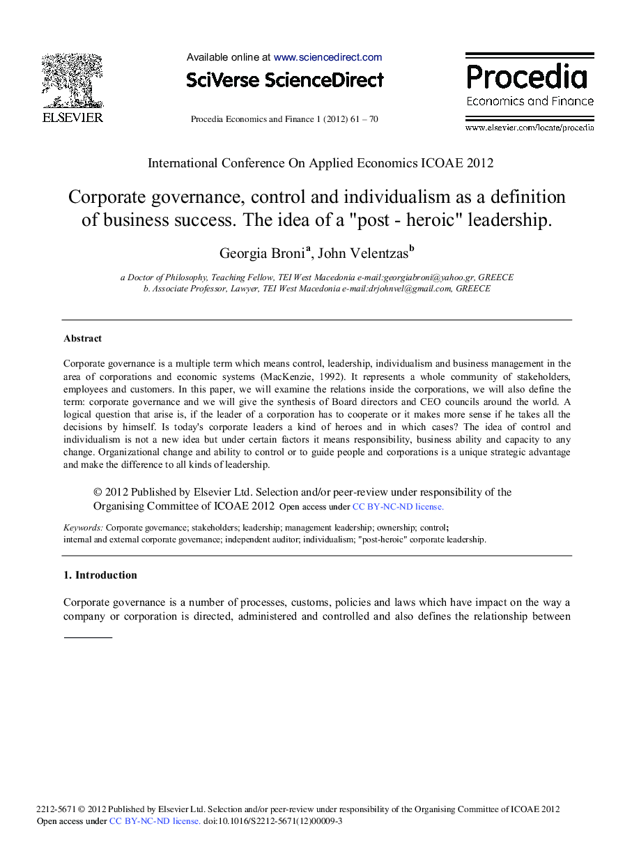 Corporate Governance, Control and Individualism as a Definition of Business Success. The Idea of a “Post - Heroic” Leadership