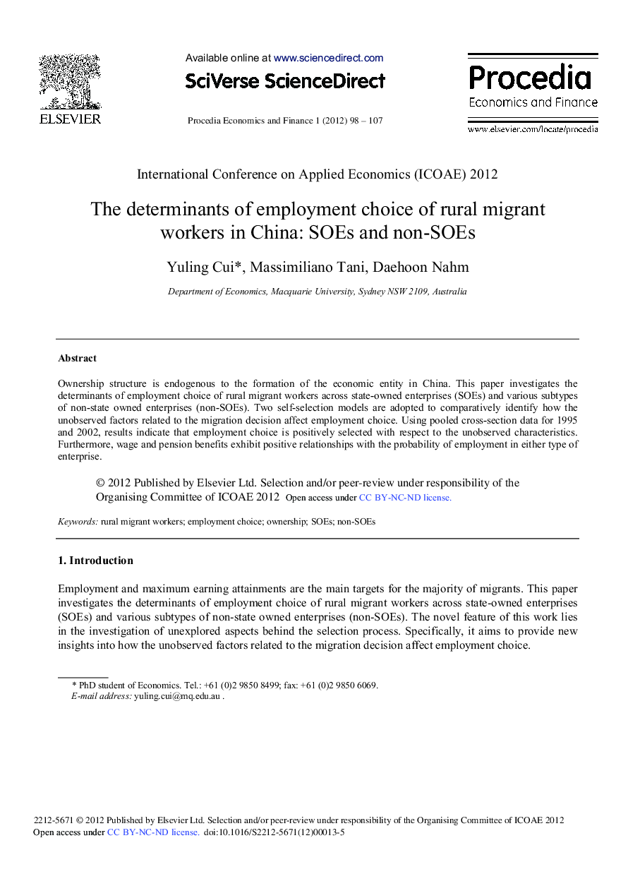 The Determinants of Employment Choice of Rural Migrant Workers in China: SOEs and Non-SOEs