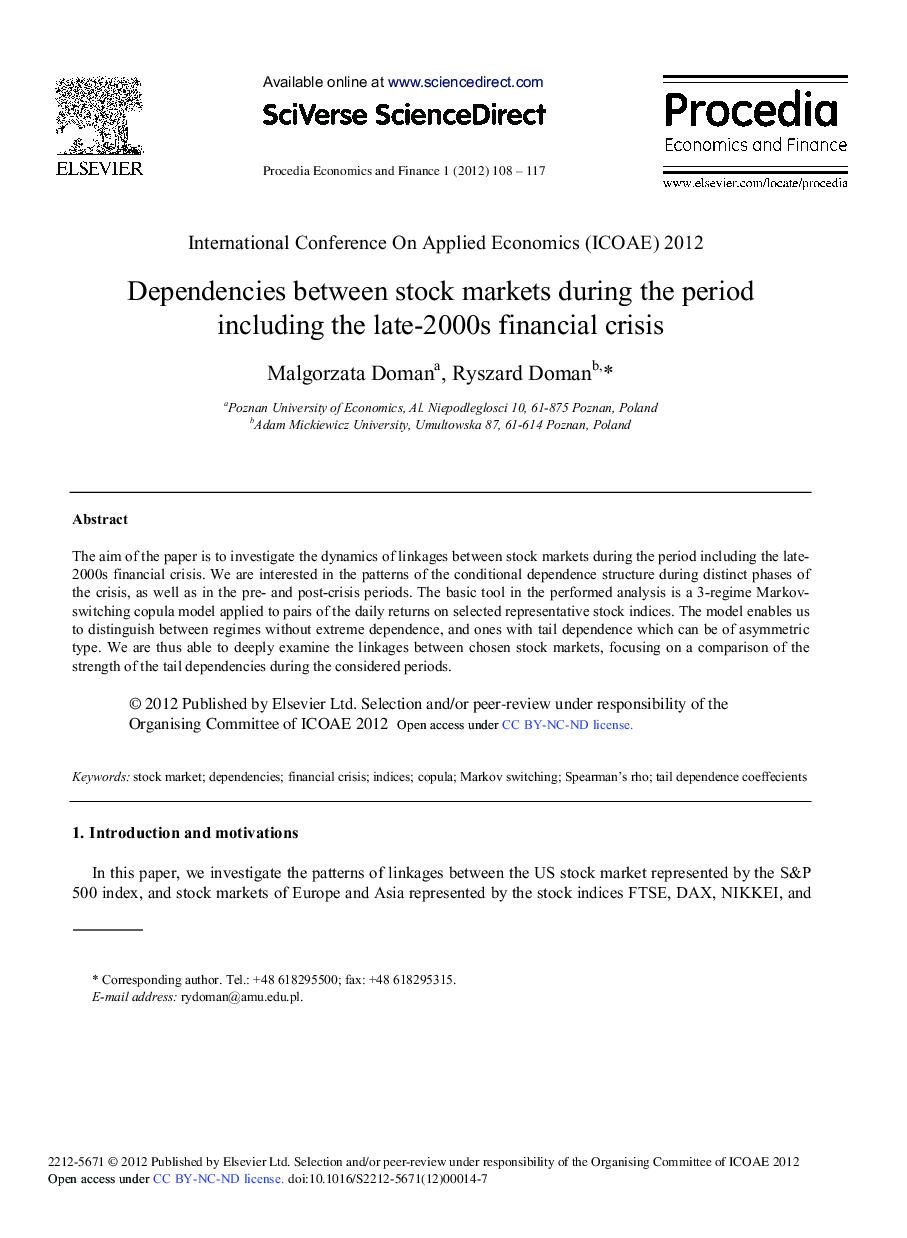 عکس صفحه اول مقاله: Dependencies between Stock Markets During the Period Including the Late-2000s Financial Crisis Dependencies between Stock Markets During the Period Including the Late-2000s Financial Crisis