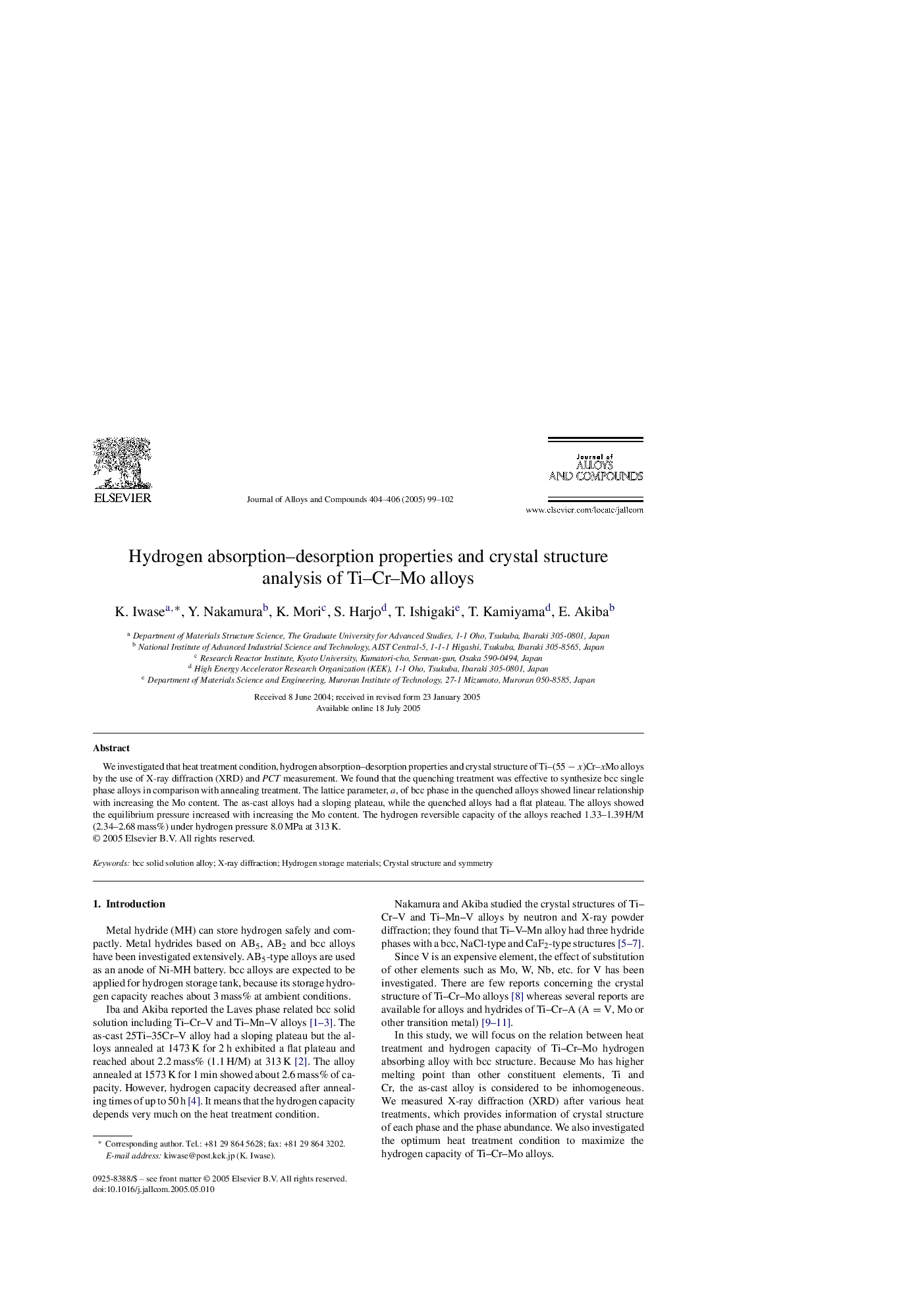 Hydrogen absorption-desorption properties and crystal structure analysis of Ti-Cr-Mo alloys