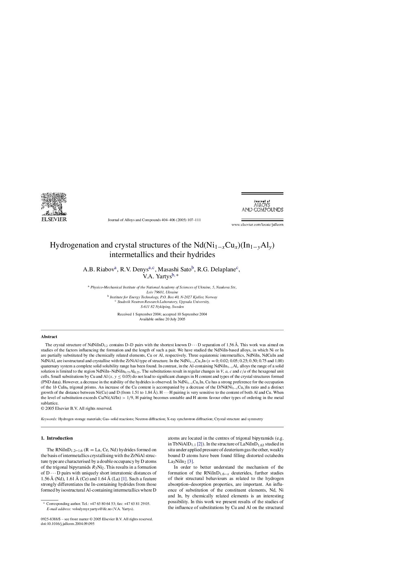 Hydrogenation and crystal structures of the Nd(Ni1âxCux)(In1âyAly) intermetallics and their hydrides