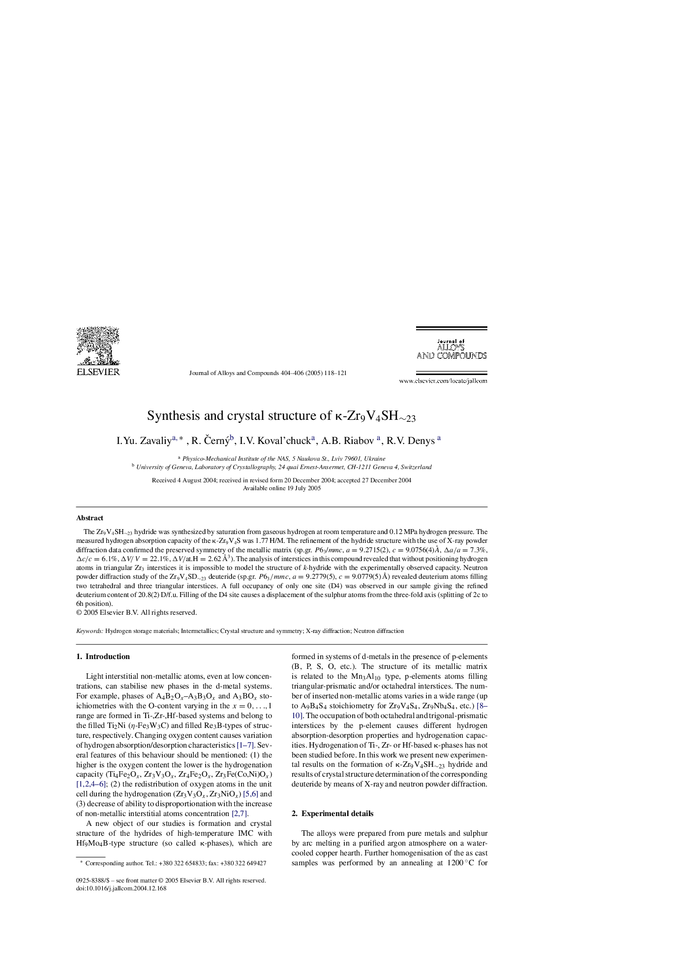 Synthesis and crystal structure of Îº-Zr9V4SHâ¼23