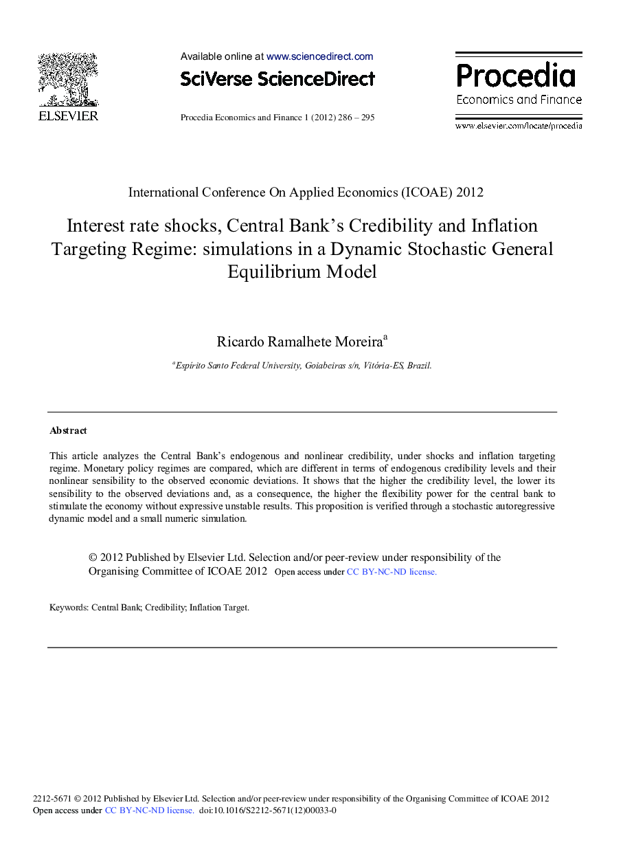 عکس صفحه اول مقاله: Interest Rate Shocks, Central Bank's Credibility and Inflation Targeting Regime: Simulations in a Dynamic Stochastic General Equilibrium Model Interest Rate Shocks, Central Bank's Credibility and Inflation Targeting Regime: Simulations in a Dynamic Stochastic General Equilibrium Model
