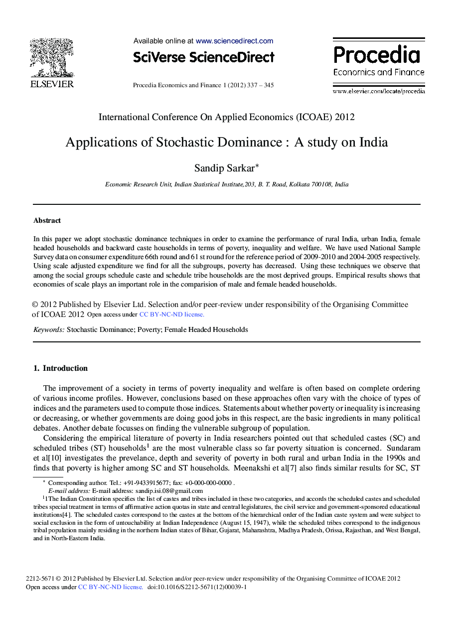 Applications of Stochastic Dominance: A Study on India