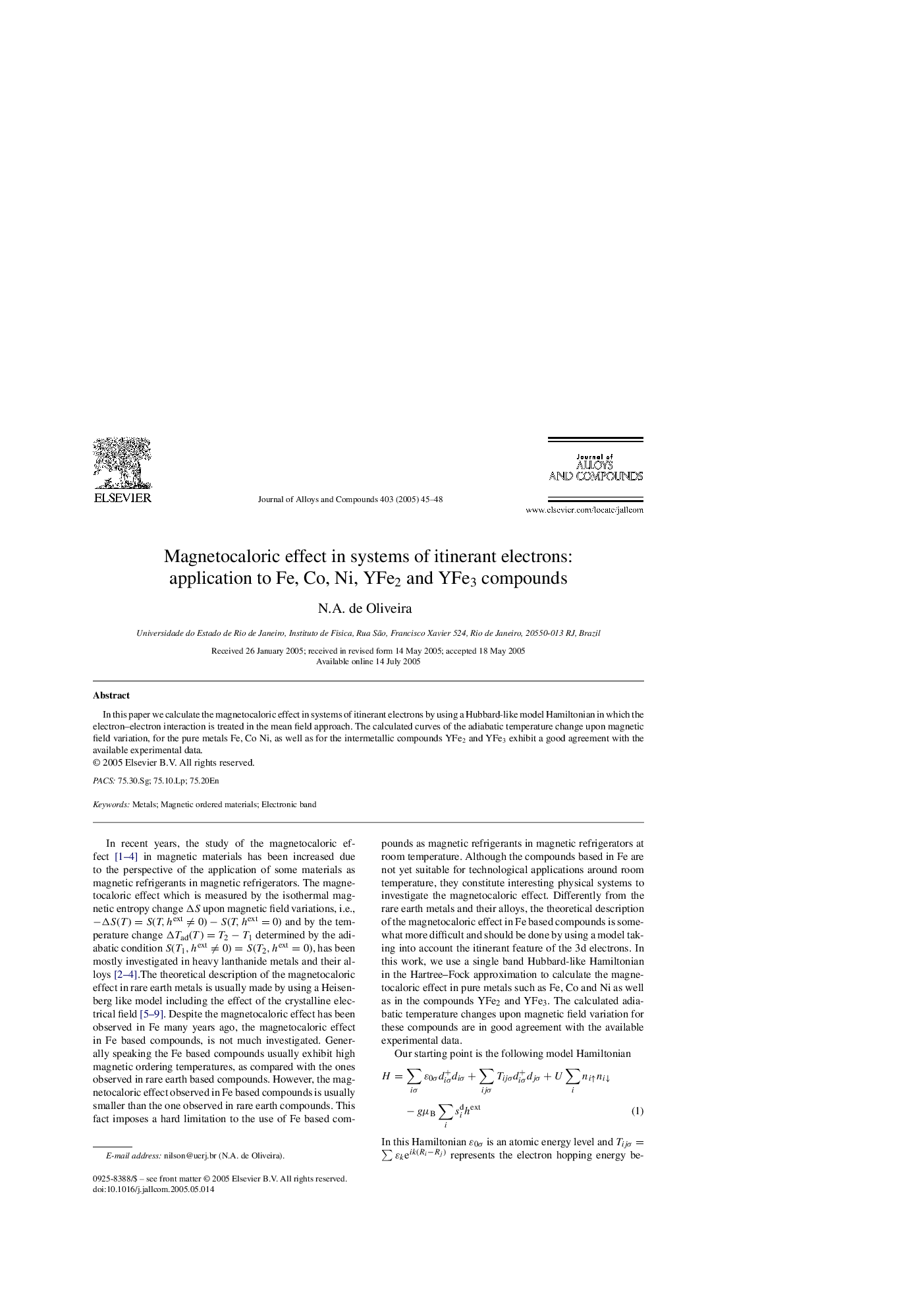 Magnetocaloric effect in systems of itinerant electrons: application to Fe, Co, Ni, YFe2 and YFe3 compounds