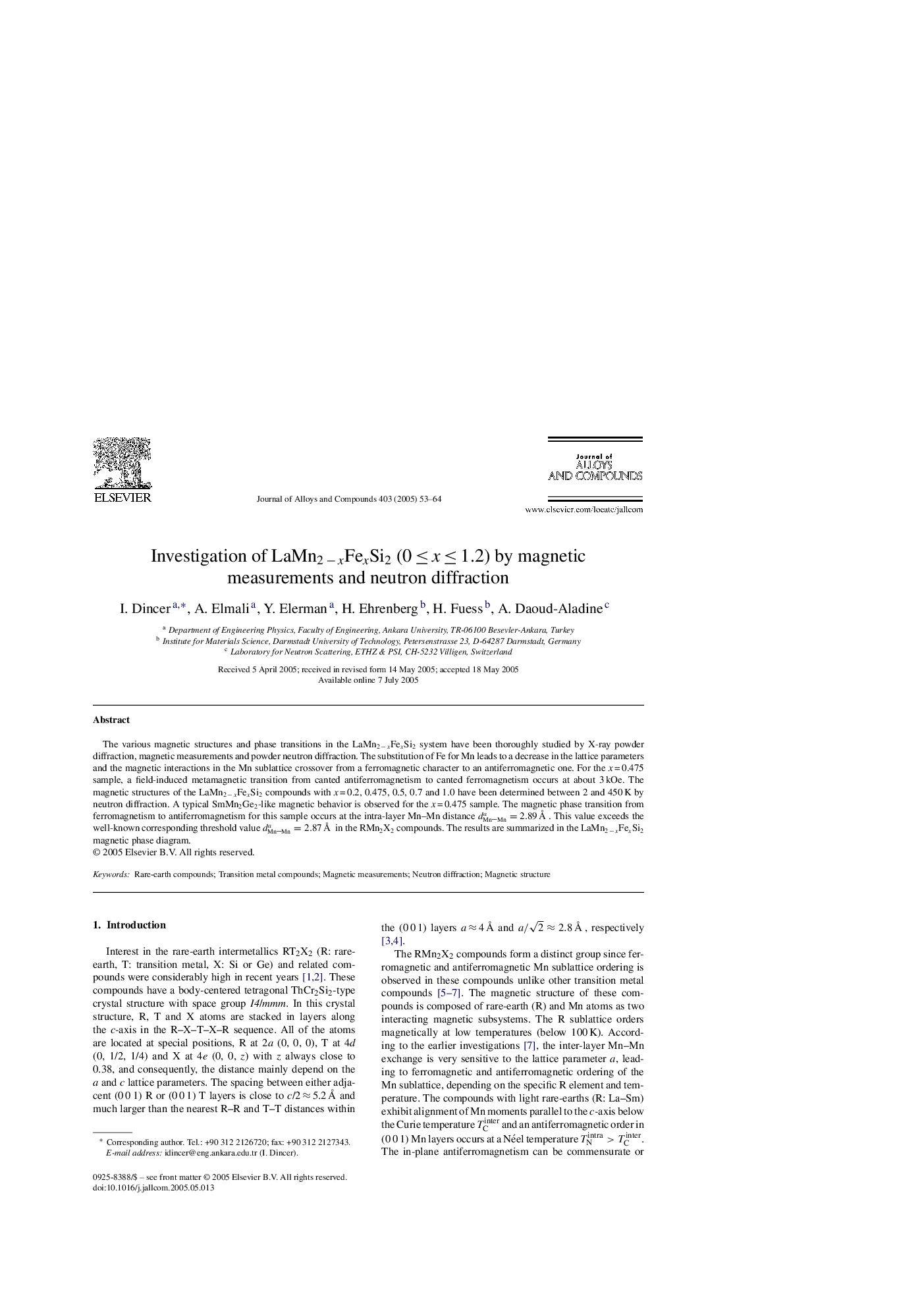 Investigation of LaMn2Â âÂ xFexSi2 (0Â â¤Â xÂ â¤Â 1.2) by magnetic measurements and neutron diffraction