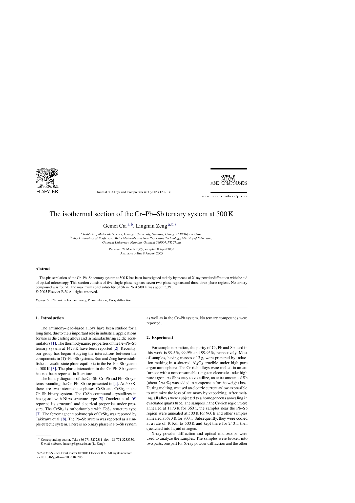 The isothermal section of the Cr-Pb-Sb ternary system at 500Â K