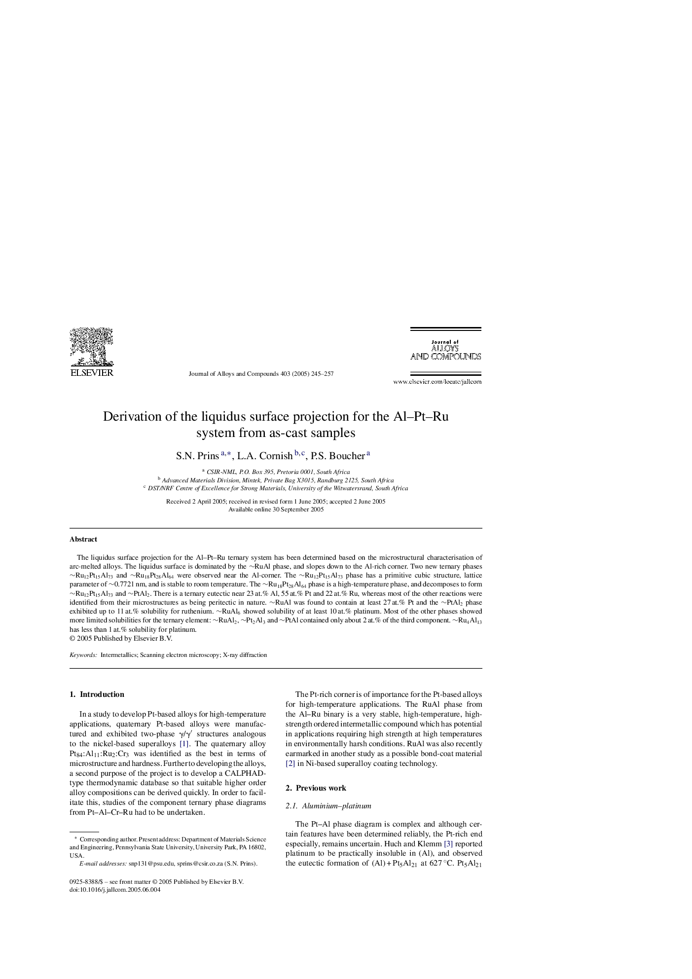 Derivation of the liquidus surface projection for the Al-Pt-Ru system from as-cast samples