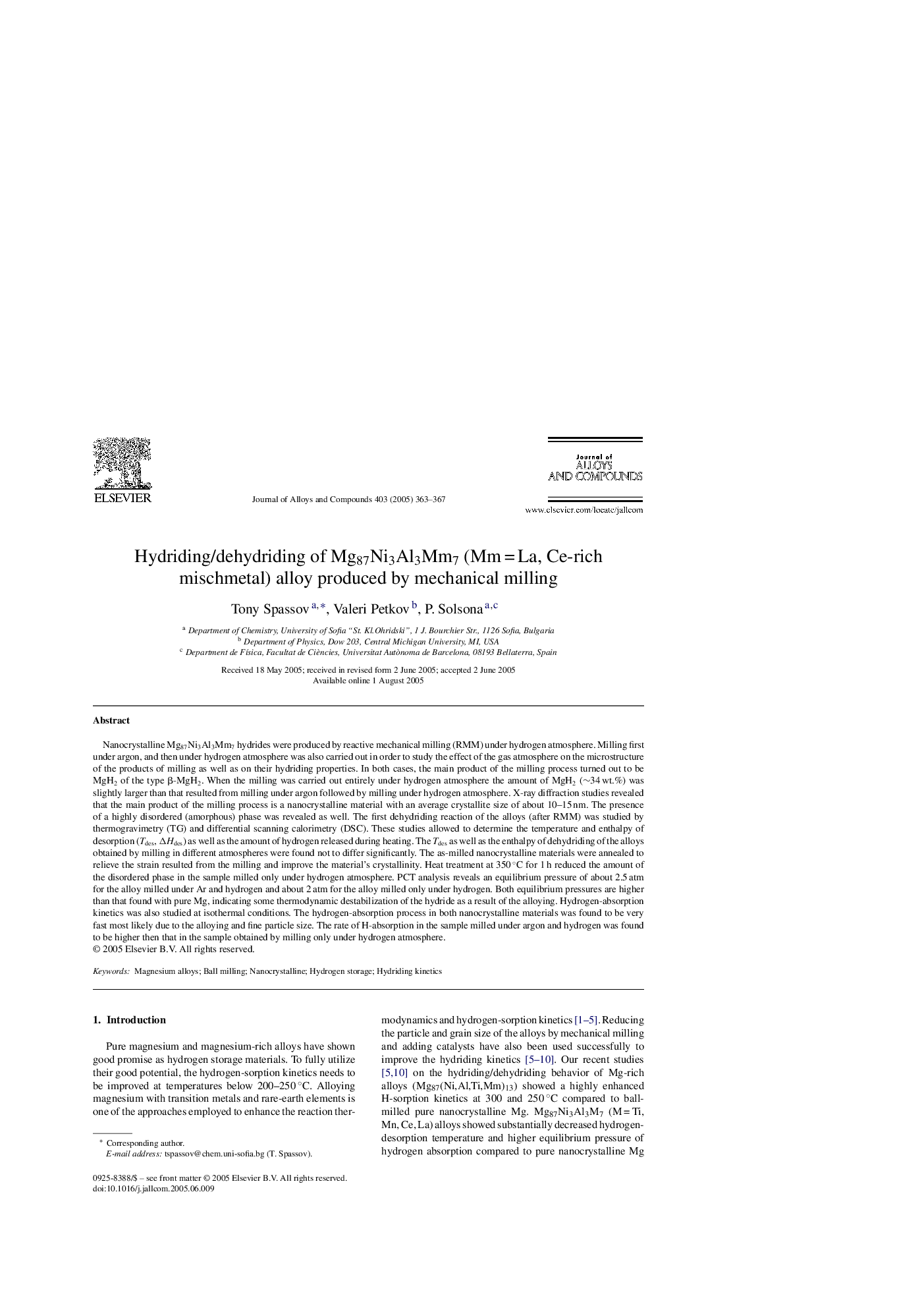 Hydriding/dehydriding of Mg87Ni3Al3Mm7 (MmÂ =Â La, Ce-rich mischmetal) alloy produced by mechanical milling