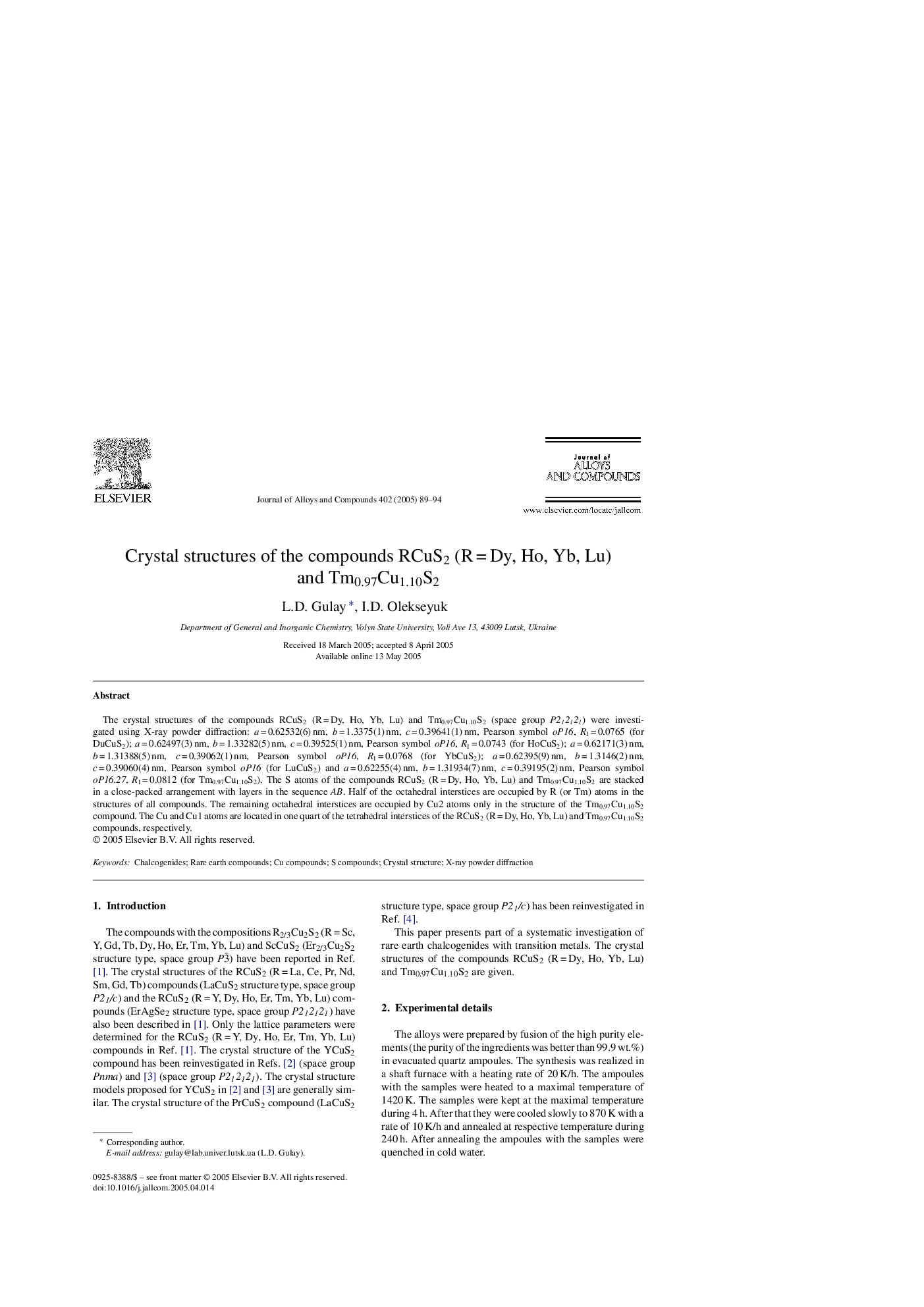 Crystal structures of the compounds RCuS2 (RÂ =Â Dy, Ho, Yb, Lu) and Tm0.97Cu1.10S2