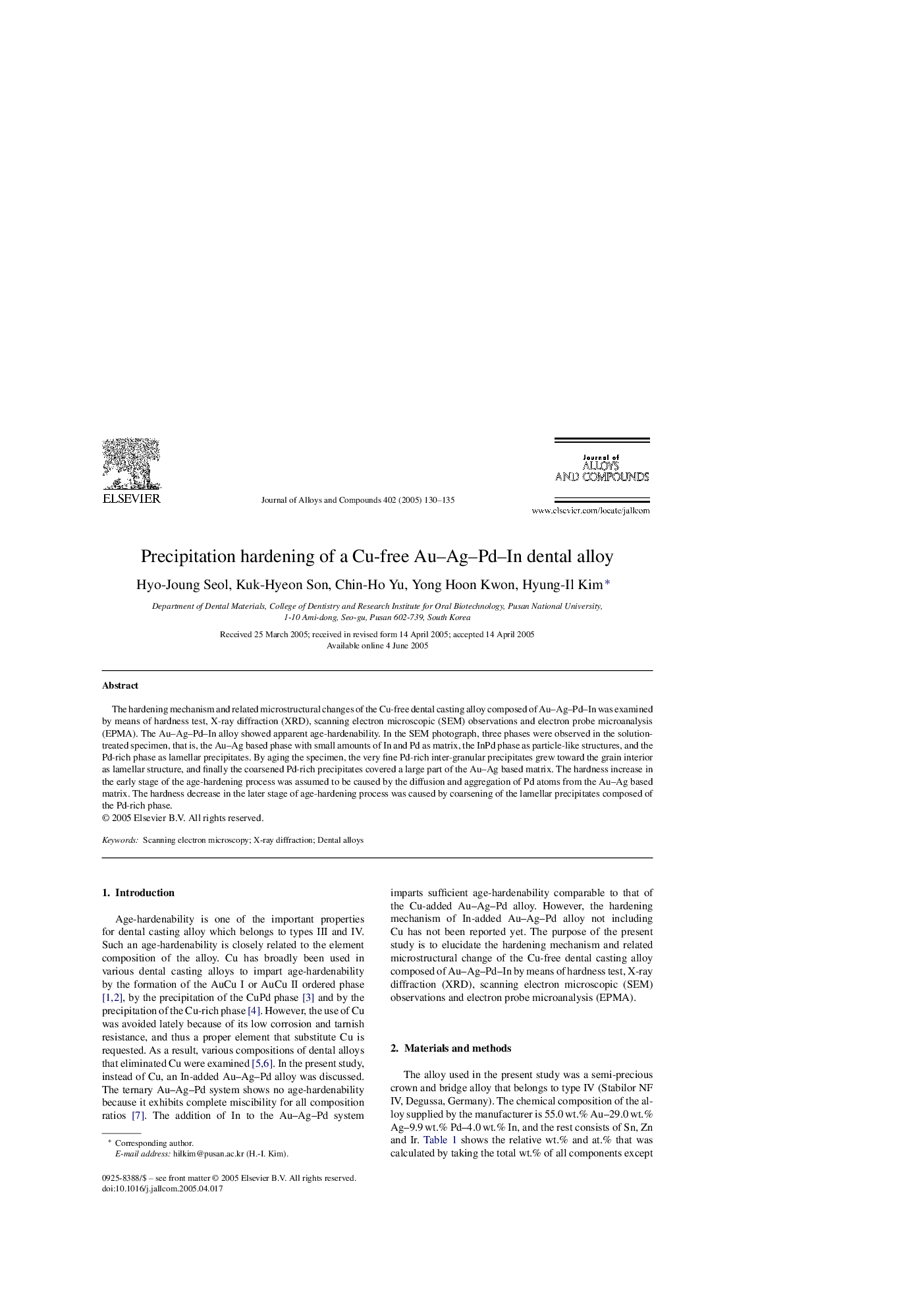 Precipitation hardening of a Cu-free Au-Ag-Pd-In dental alloy