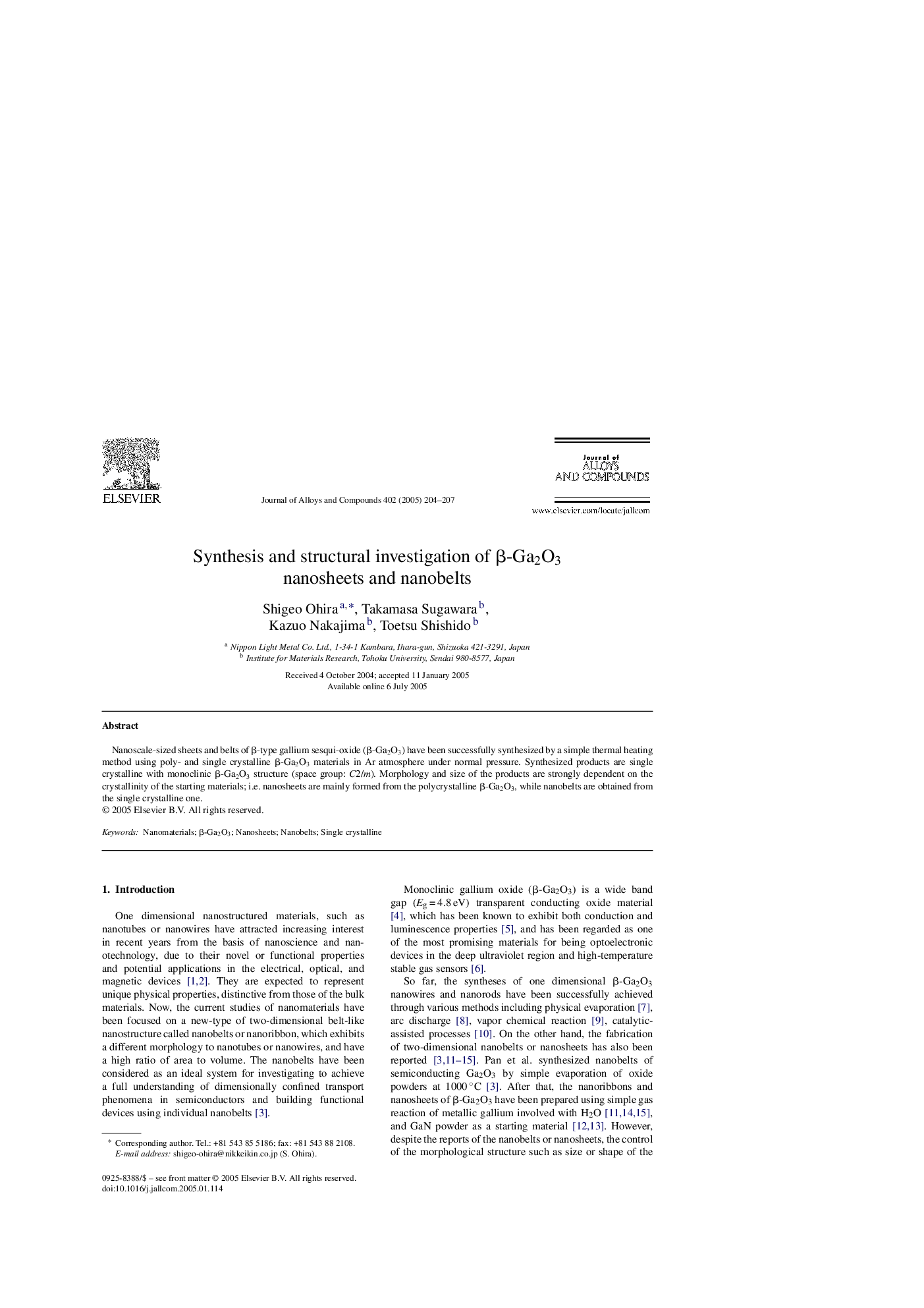 Synthesis and structural investigation of Î²-Ga2O3 nanosheets and nanobelts