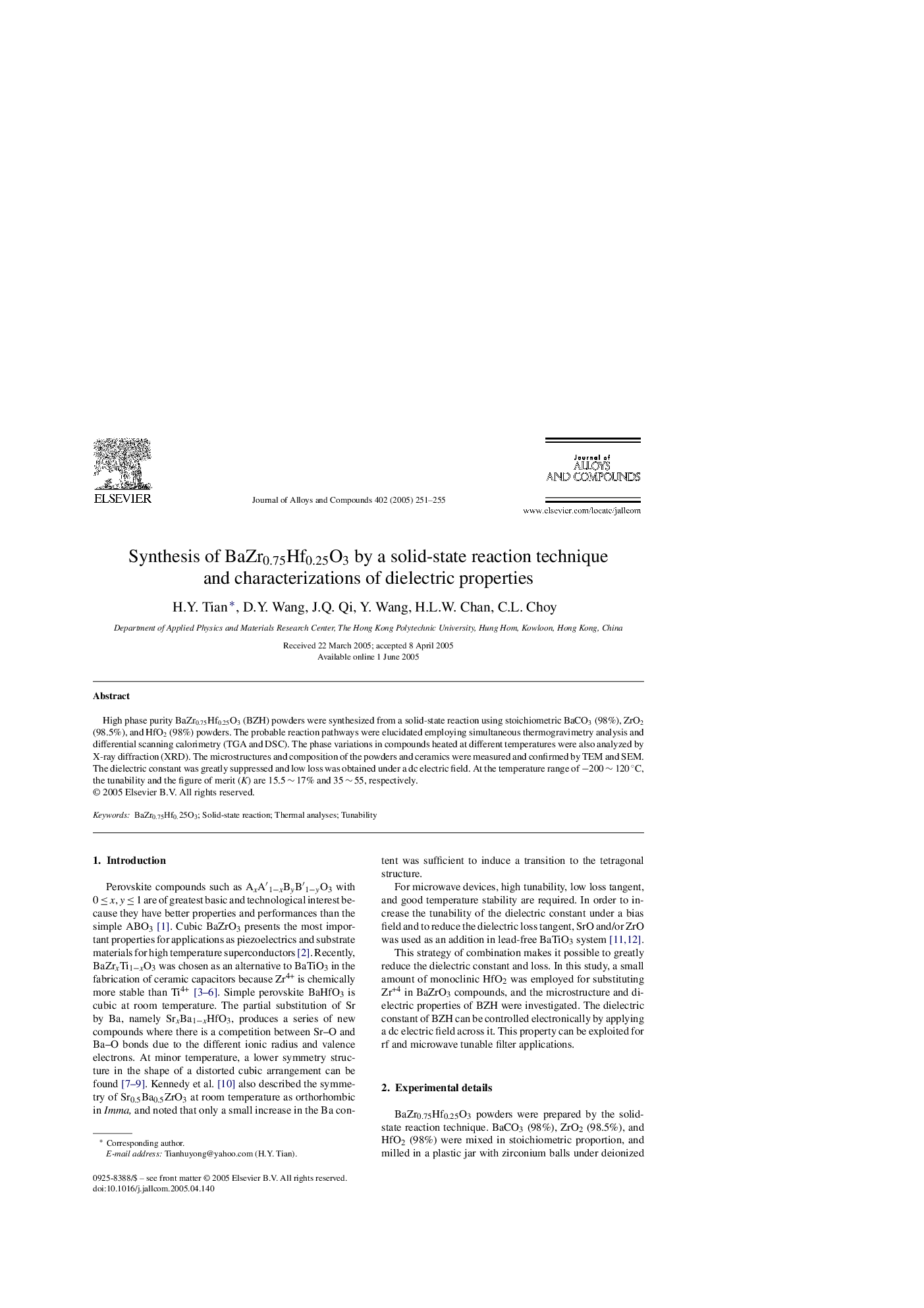 Synthesis of BaZr0.75Hf0.25O3 by a solid-state reaction technique and characterizations of dielectric properties