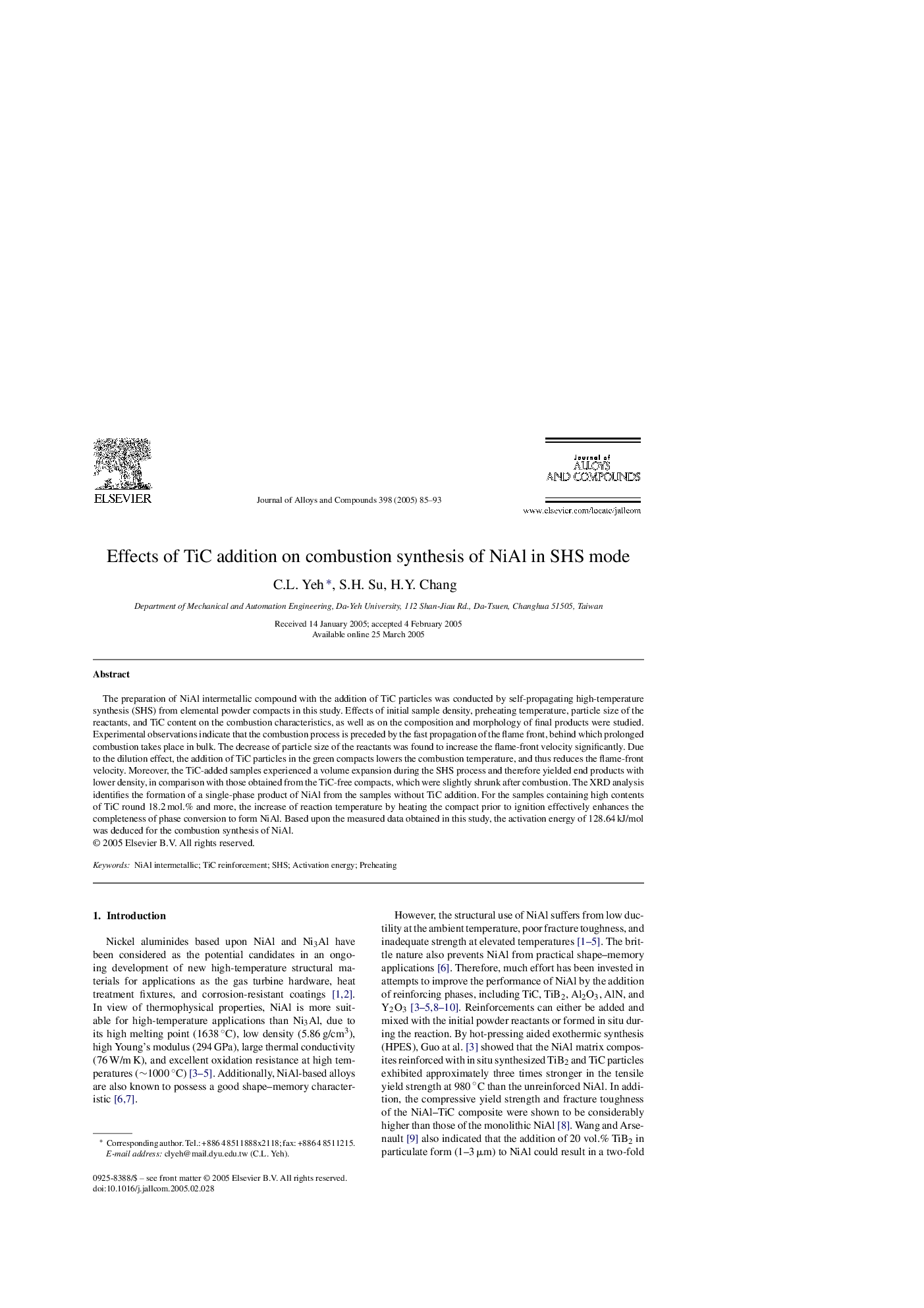 Effects of TiC addition on combustion synthesis of NiAl in SHS mode