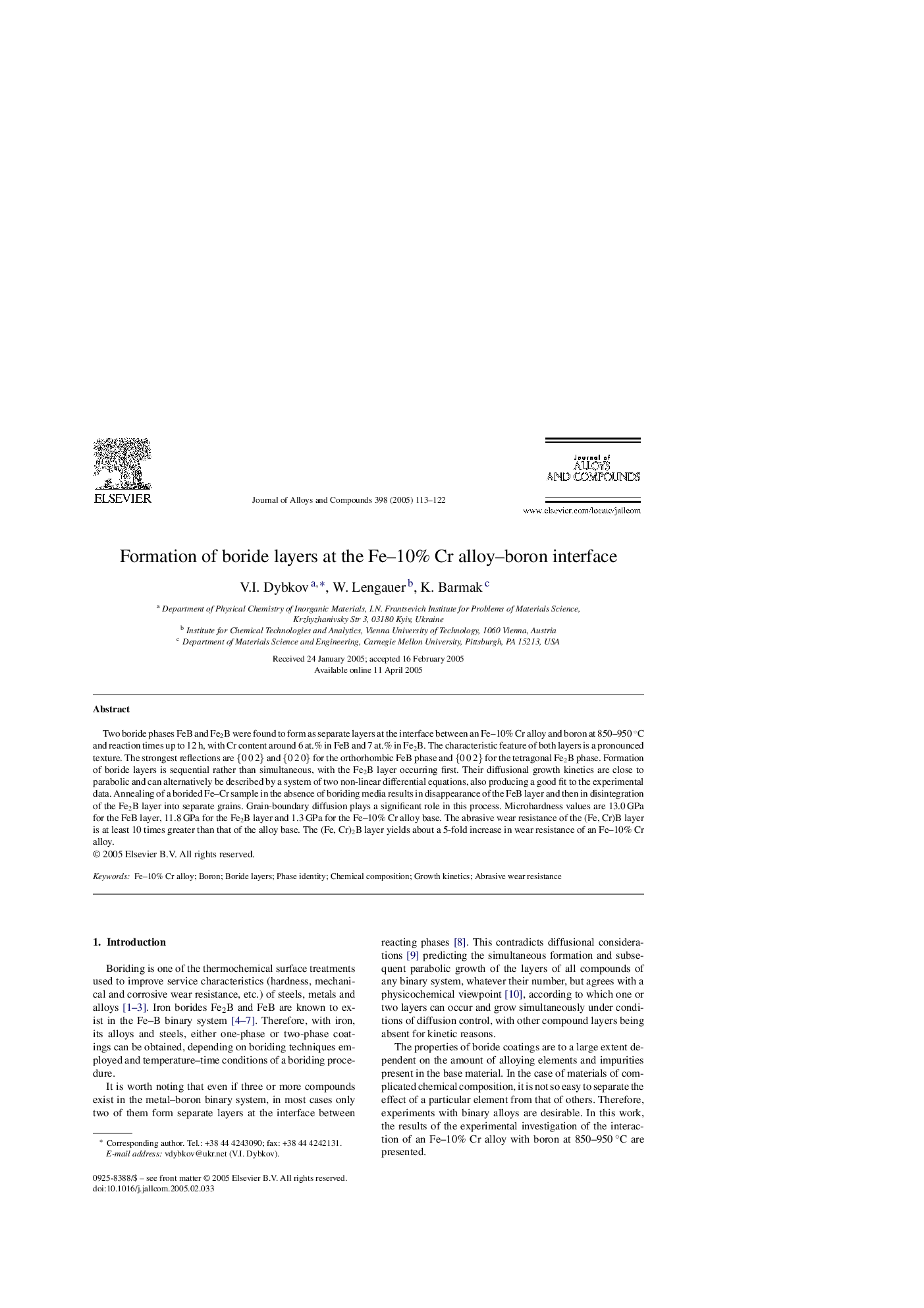 Formation of boride layers at the Fe-10% Cr alloy-boron interface