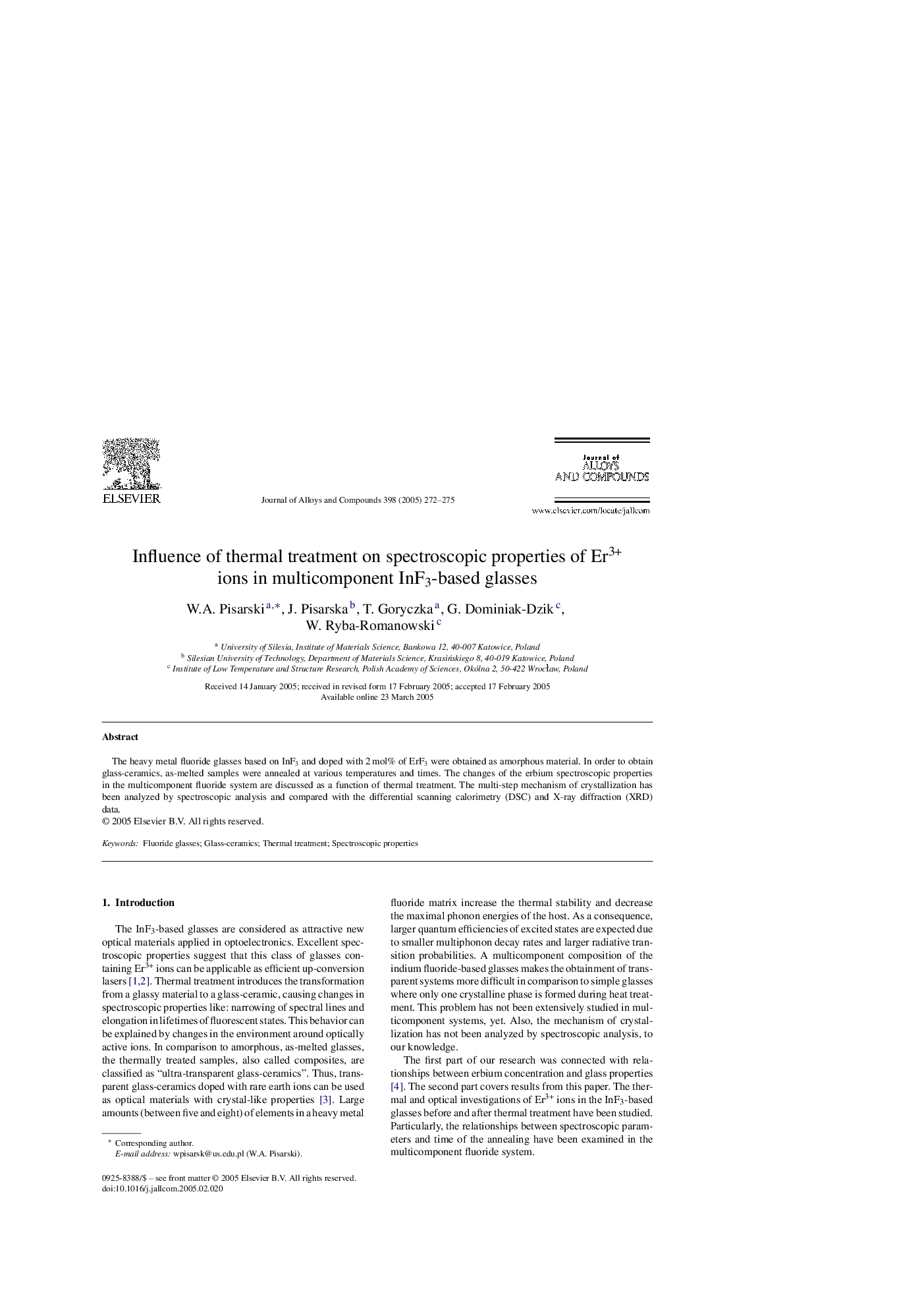 Influence of thermal treatment on spectroscopic properties of Er3+ ions in multicomponent InF3-based glasses