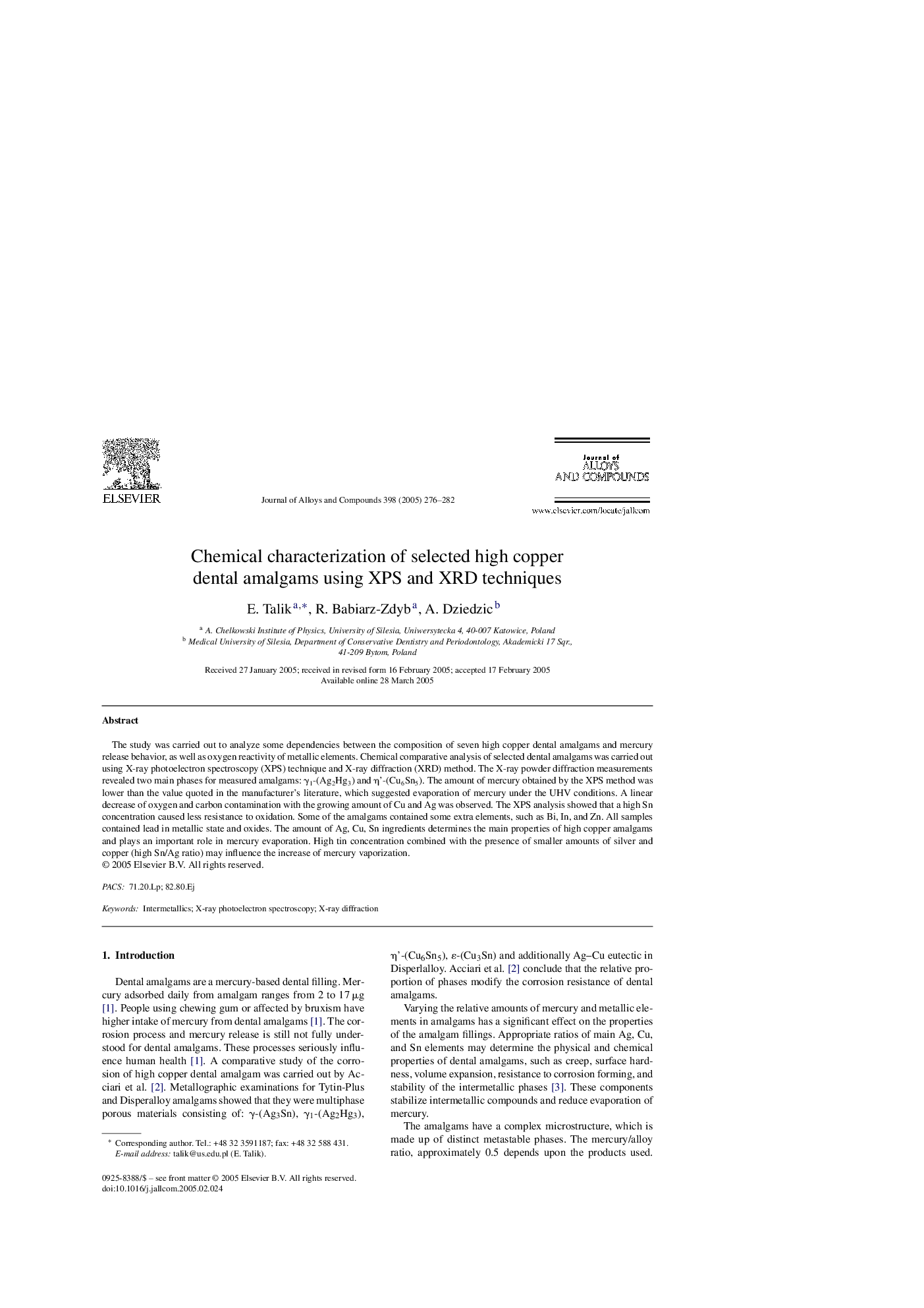 Chemical characterization of selected high copper dental amalgams using XPS and XRD techniques