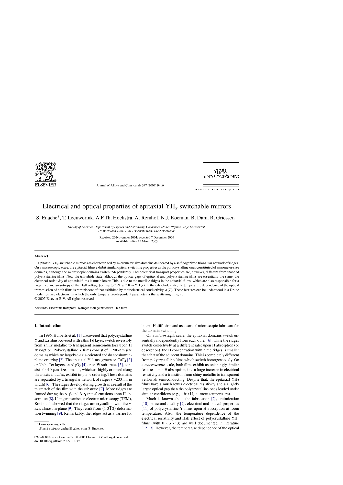 Electrical and optical properties of epitaxial YHx switchable mirrors