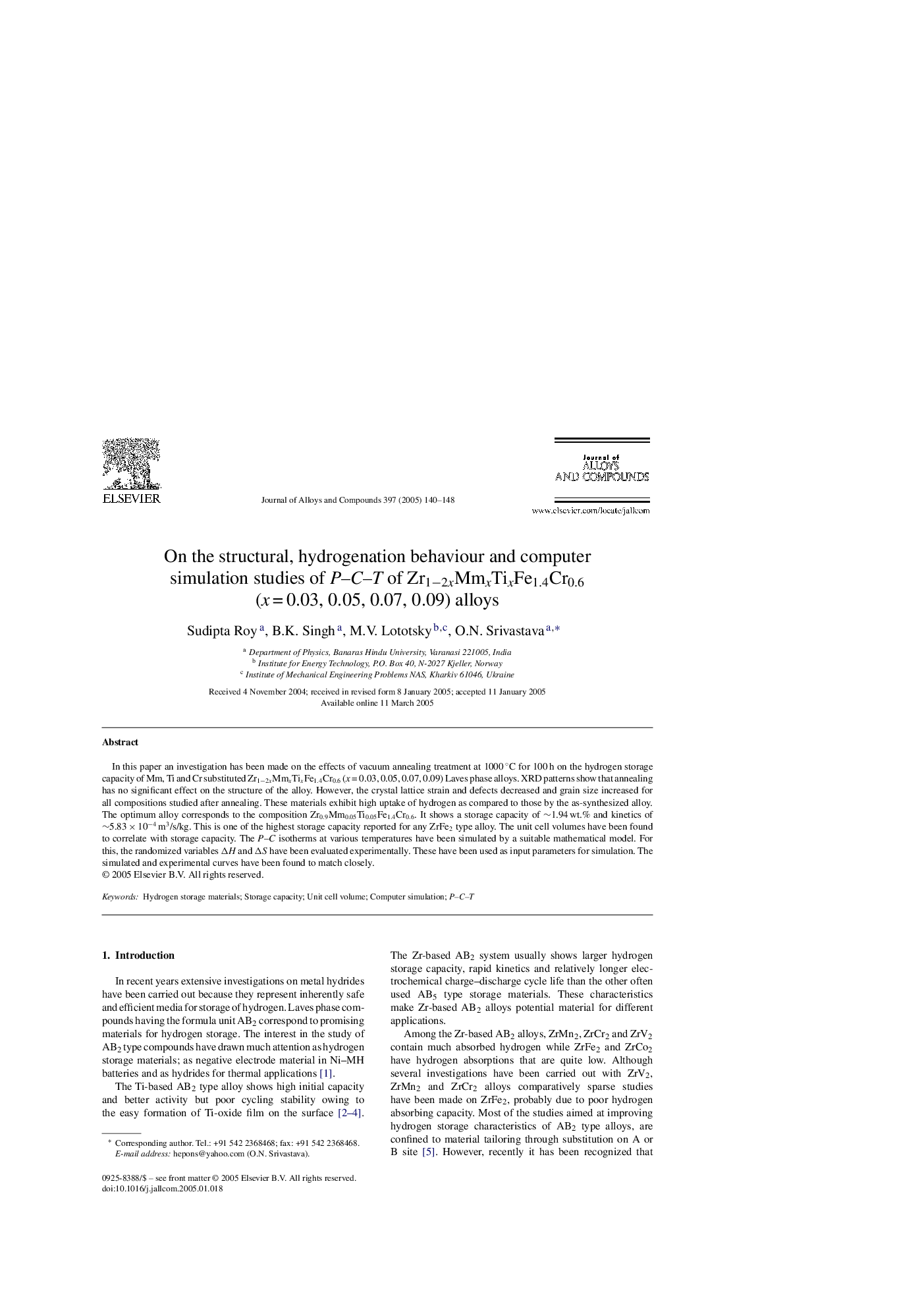 On the structural, hydrogenation behaviour and computer simulation studies of P-C-T of Zr1â2xMmxTixFe1.4Cr0.6 (xÂ =Â 0.03, 0.05, 0.07, 0.09) alloys