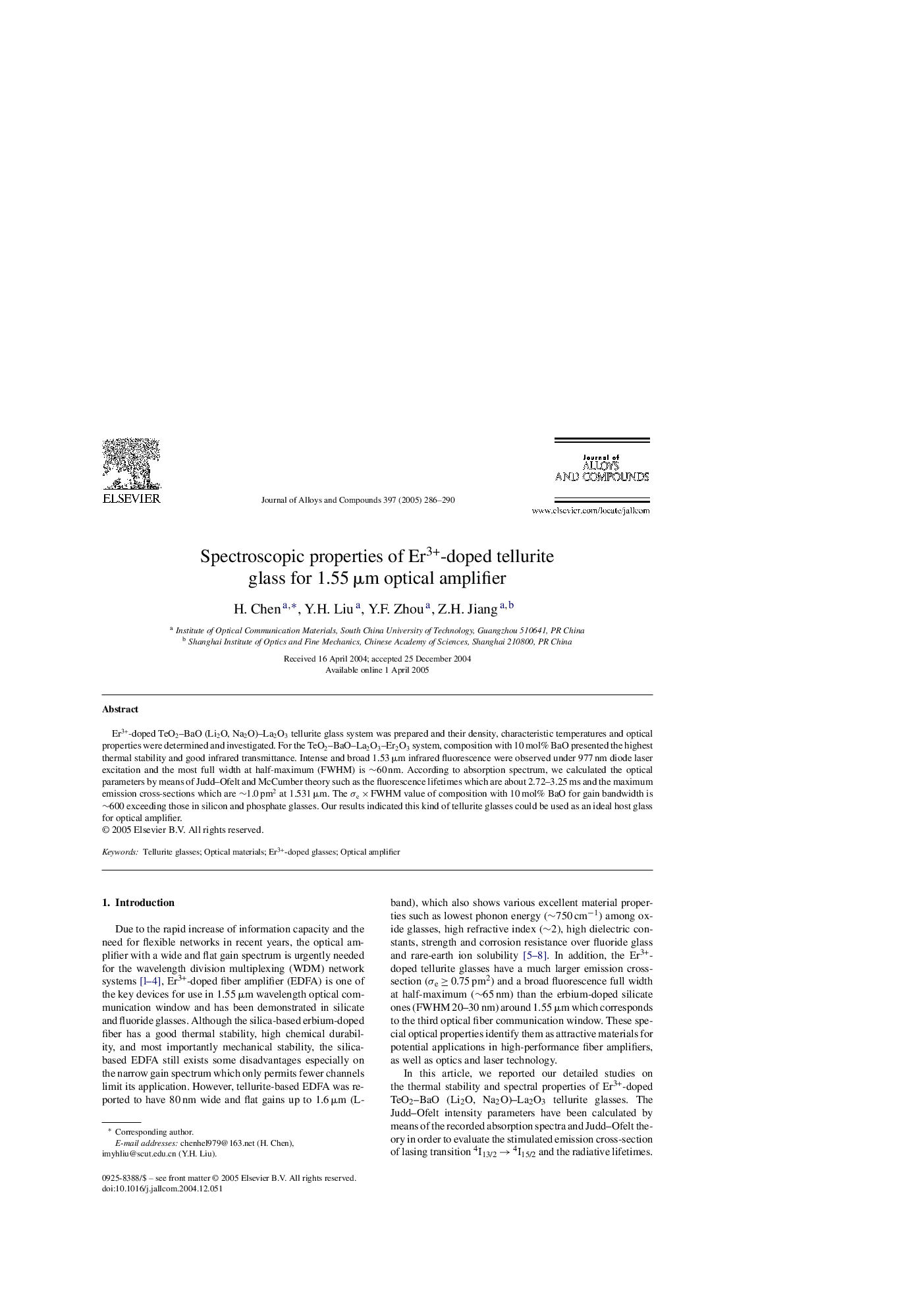 Spectroscopic properties of Er3+-doped tellurite glass for 1.55Â Î¼m optical amplifier