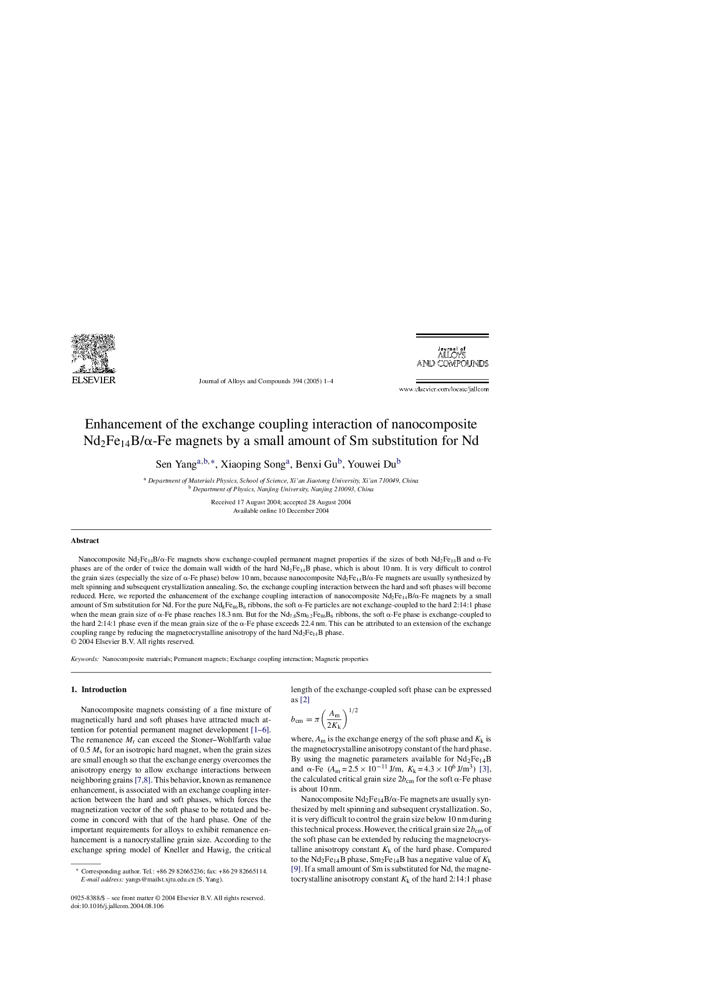 Enhancement of the exchange coupling interaction of nanocomposite Nd2Fe14B/Î±-Fe magnets by a small amount of Sm substitution for Nd