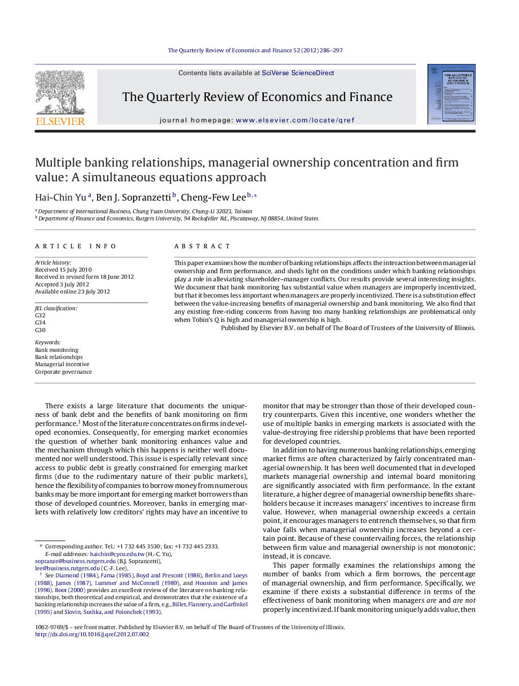 Multiple banking relationships, managerial ownership concentration and firm value: A simultaneous equations approach