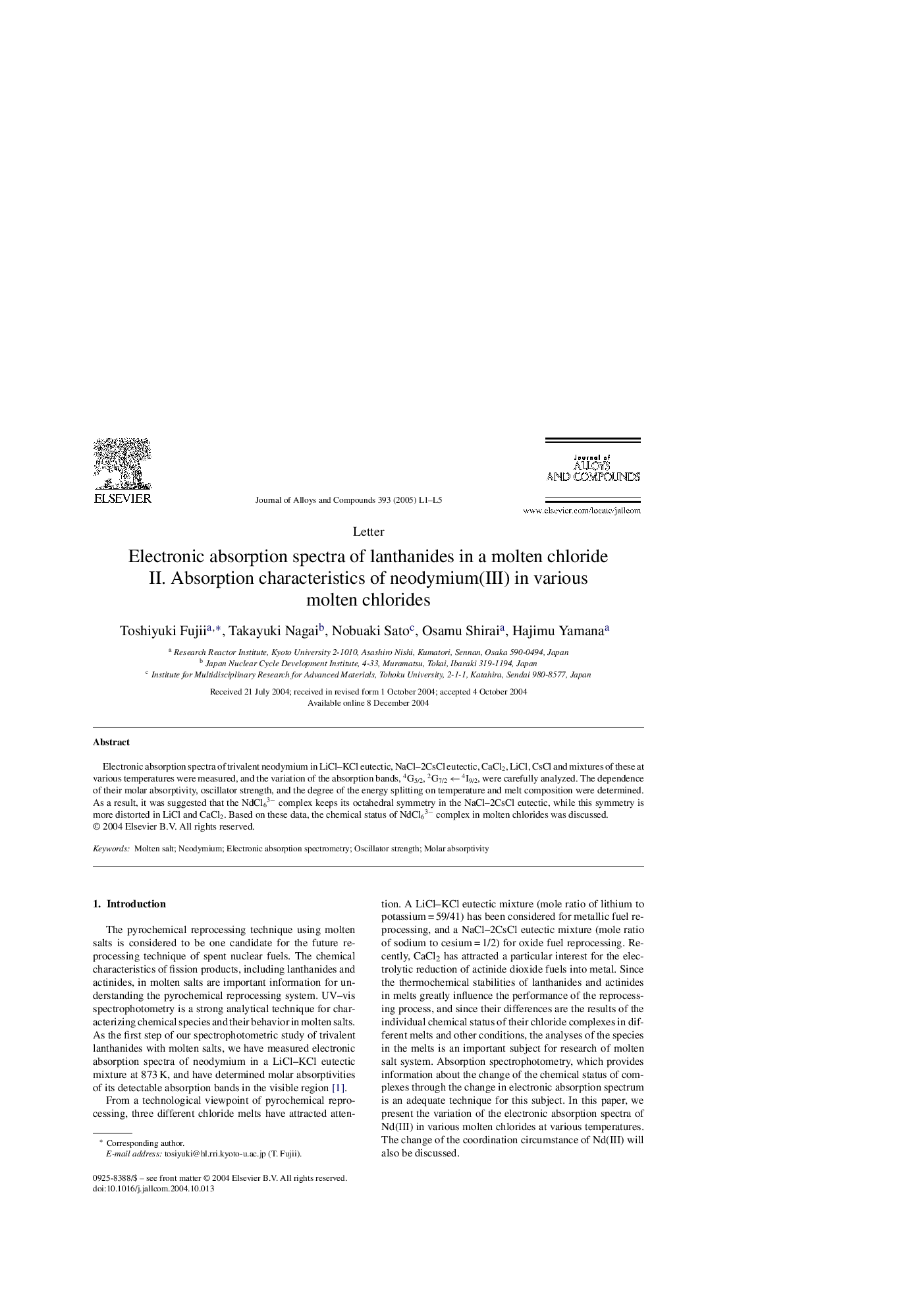 Electronic absorption spectra of lanthanides in a molten chloride