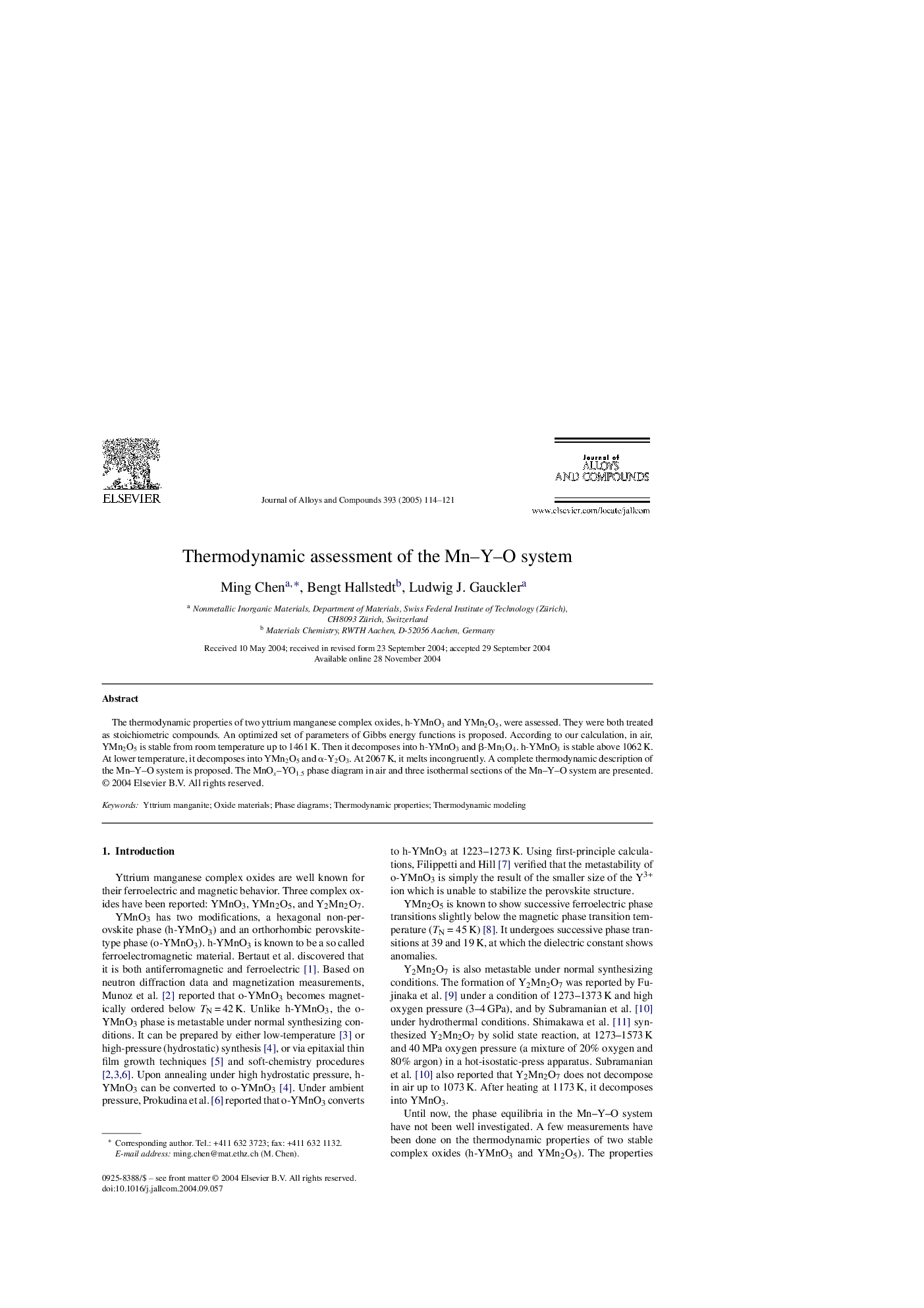 Thermodynamic assessment of the Mn-Y-O system