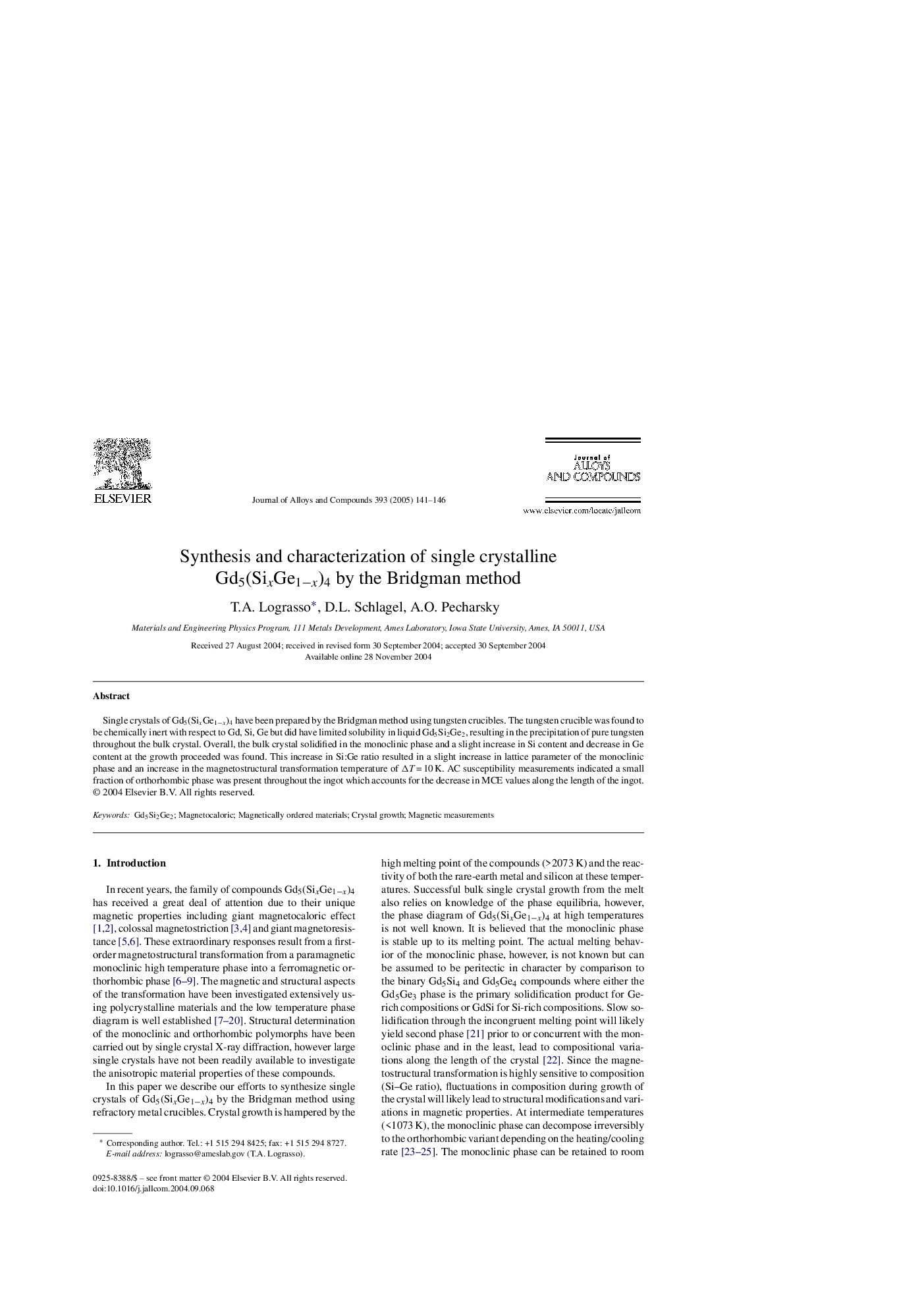 Synthesis and characterization of single crystalline Gd5(SixGe1âx)4 by the Bridgman method