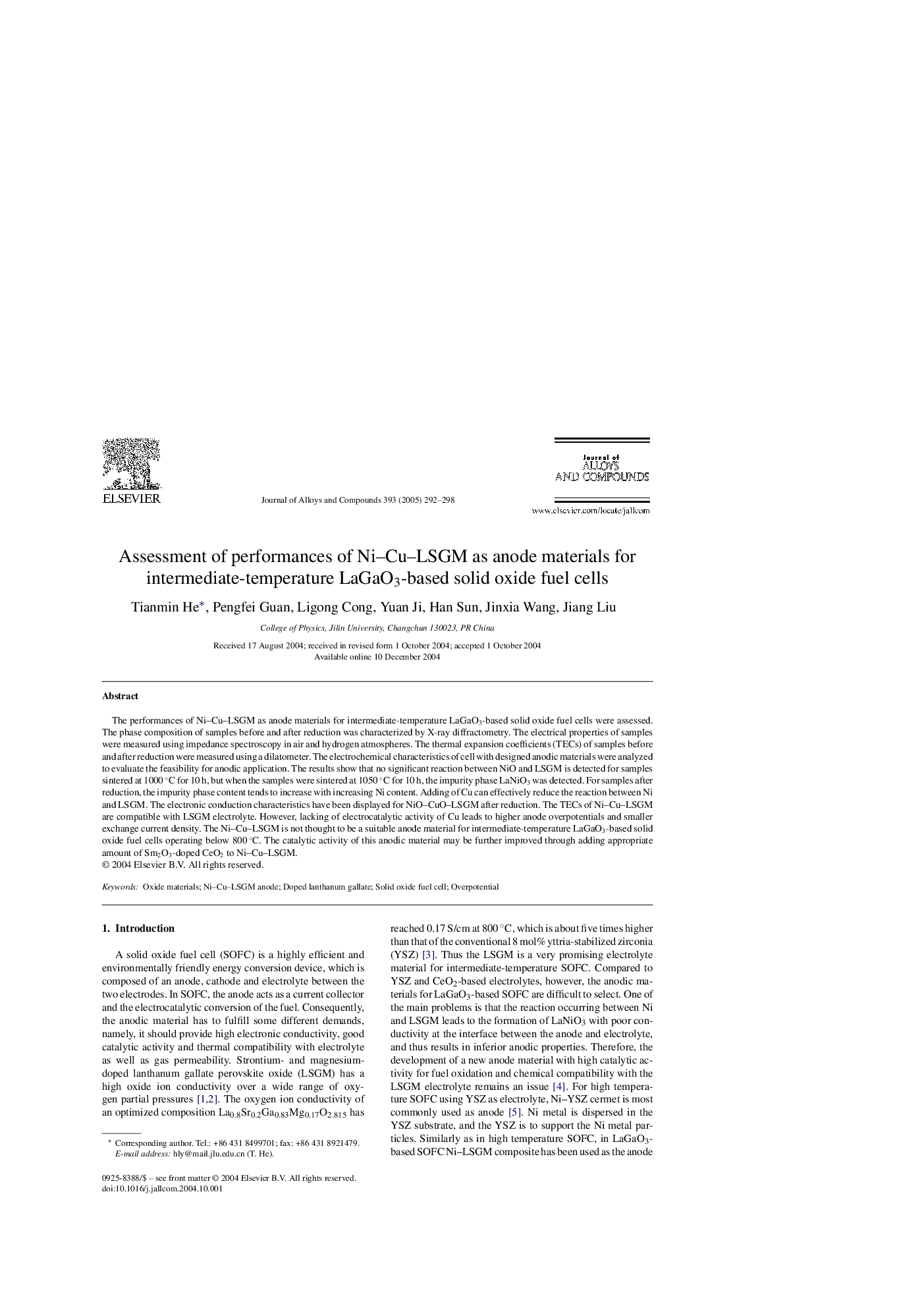 Assessment of performances of Ni-Cu-LSGM as anode materials for intermediate-temperature LaGaO3-based solid oxide fuel cells