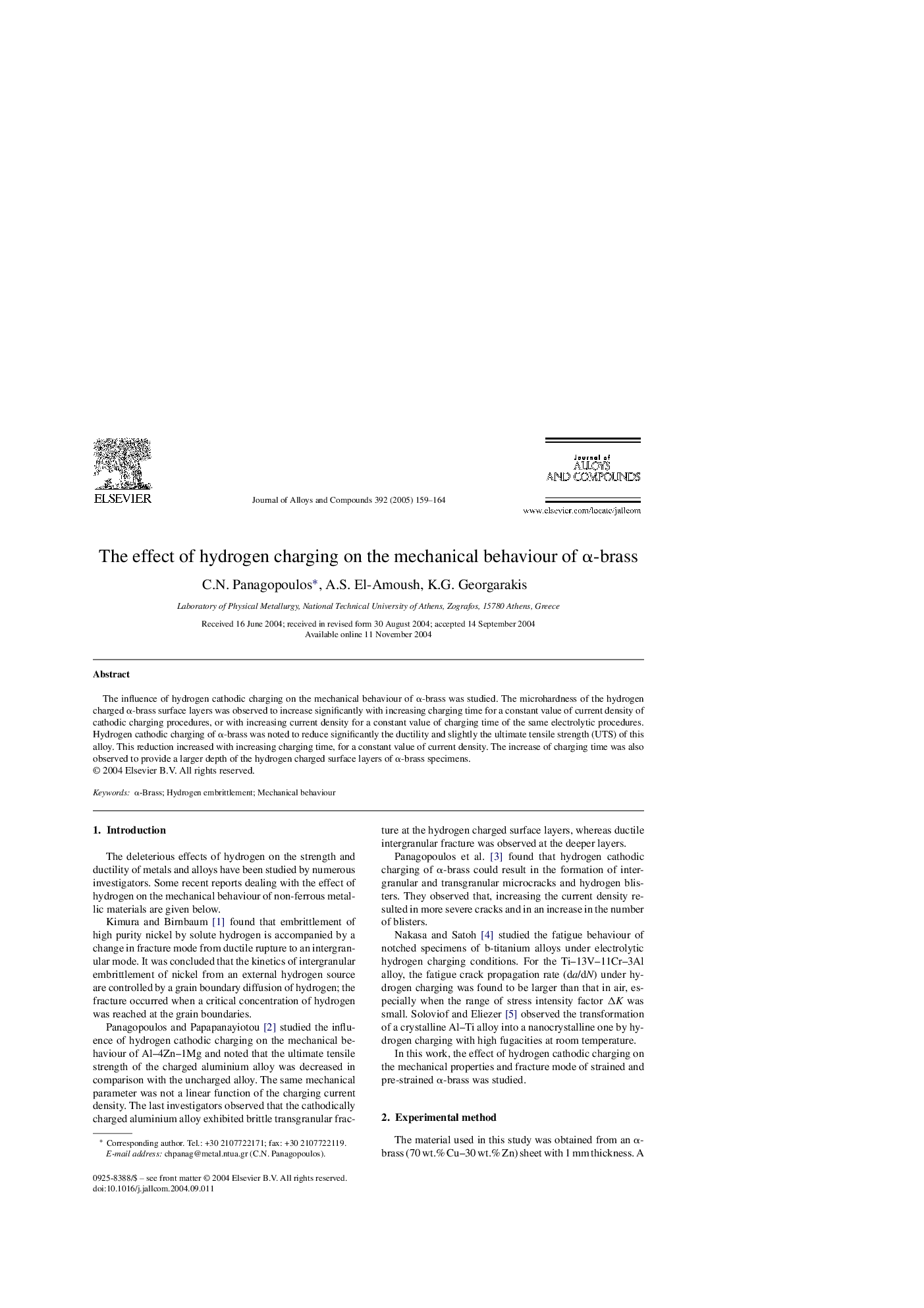 The effect of hydrogen charging on the mechanical behaviour of Î±-brass