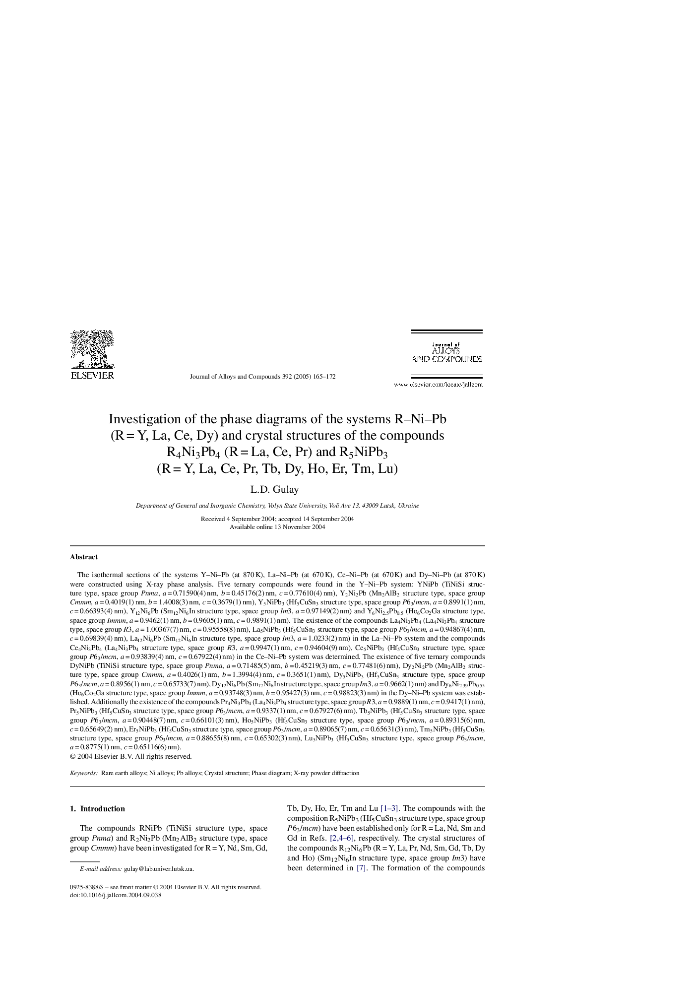 Investigation of the phase diagrams of the systems R-Ni-Pb (RÂ =Â Y, La, Ce, Dy) and crystal structures of the compounds R4Ni3Pb4 (RÂ =Â La, Ce, Pr) and R5NiPb3 (RÂ =Â Y, La, Ce, Pr, Tb, Dy, Ho, Er, Tm, Lu)