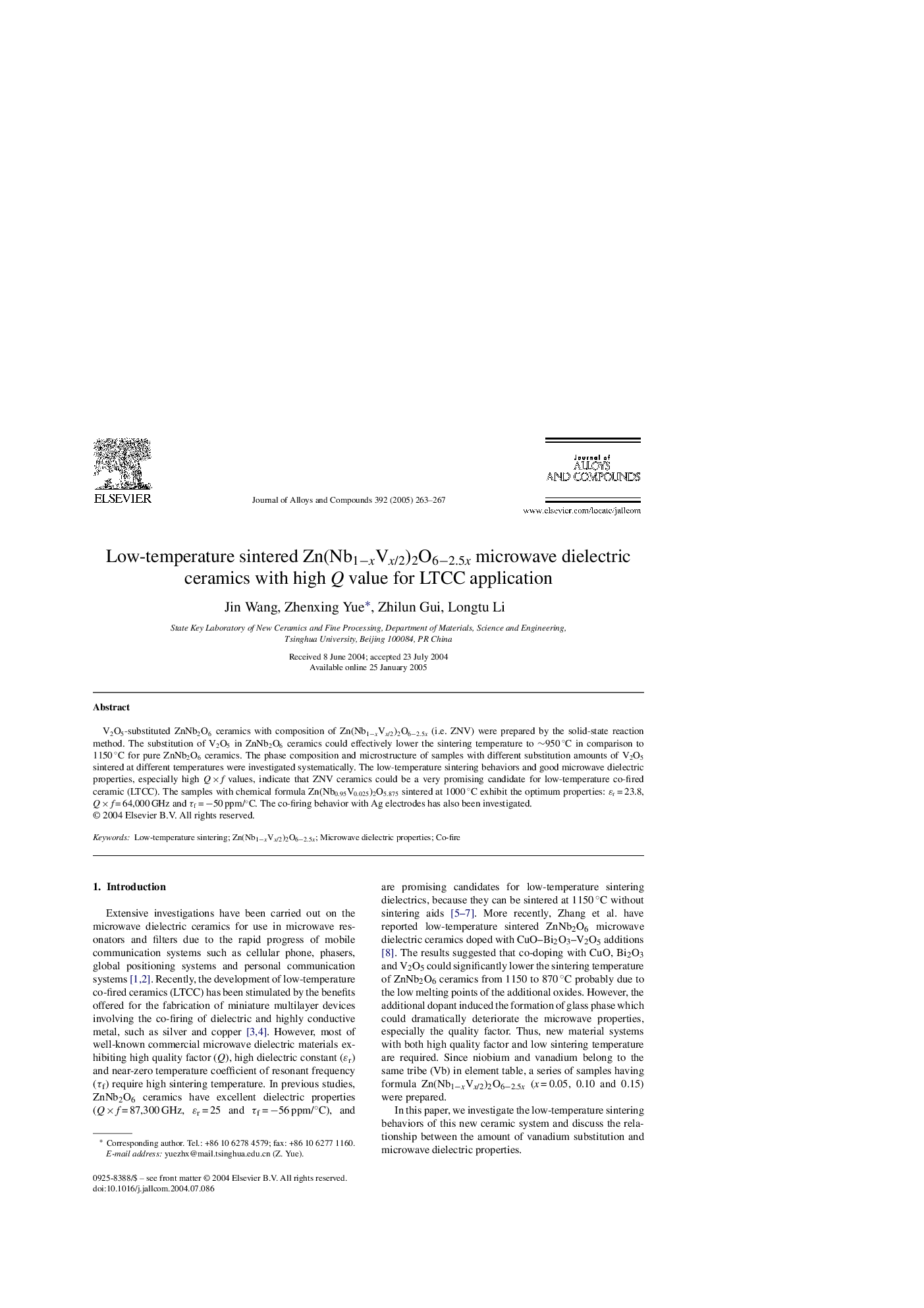 Low-temperature sintered Zn(Nb1âxVx/2)2O6â2.5x microwave dielectric ceramics with high Q value for LTCC application