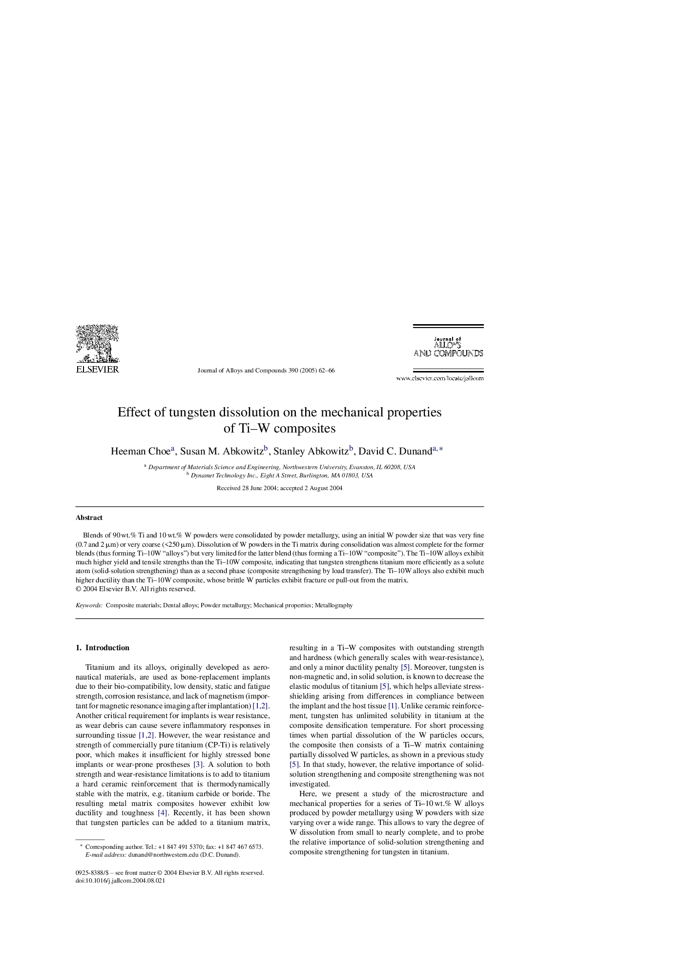 Effect of tungsten dissolution on the mechanical properties of Ti-W composites