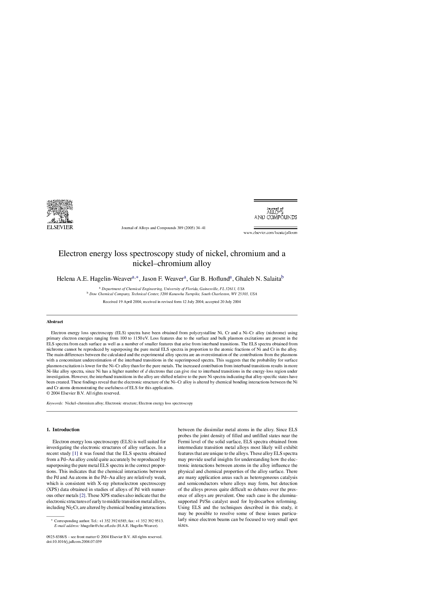 Electron energy loss spectroscopy study of nickel, chromium and a nickel-chromium alloy