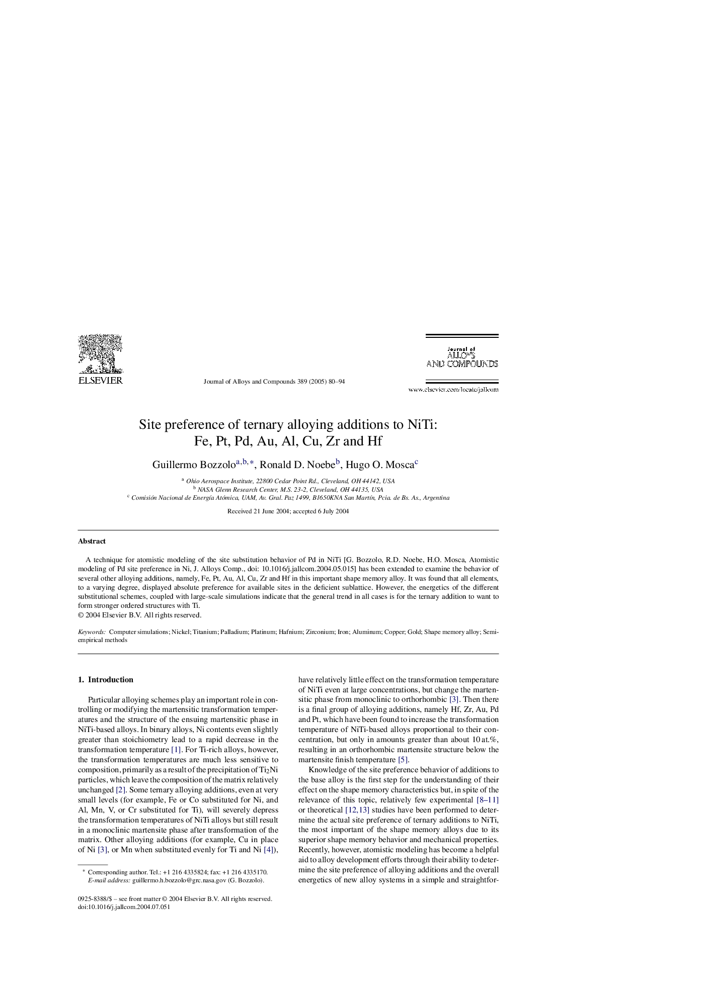 Site preference of ternary alloying additions to NiTi: Fe, Pt, Pd, Au, Al, Cu, Zr and Hf