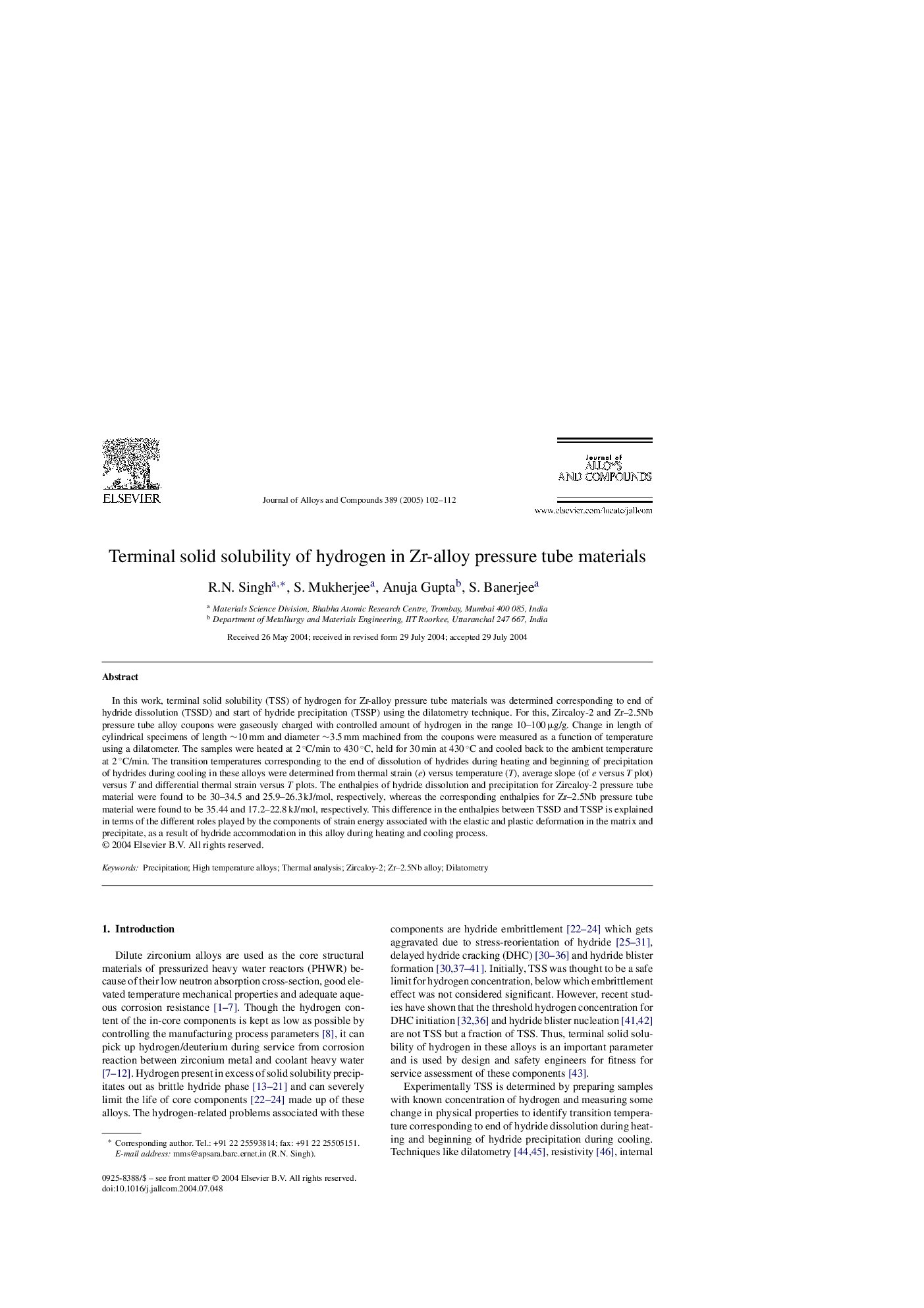 Terminal solid solubility of hydrogen in Zr-alloy pressure tube materials