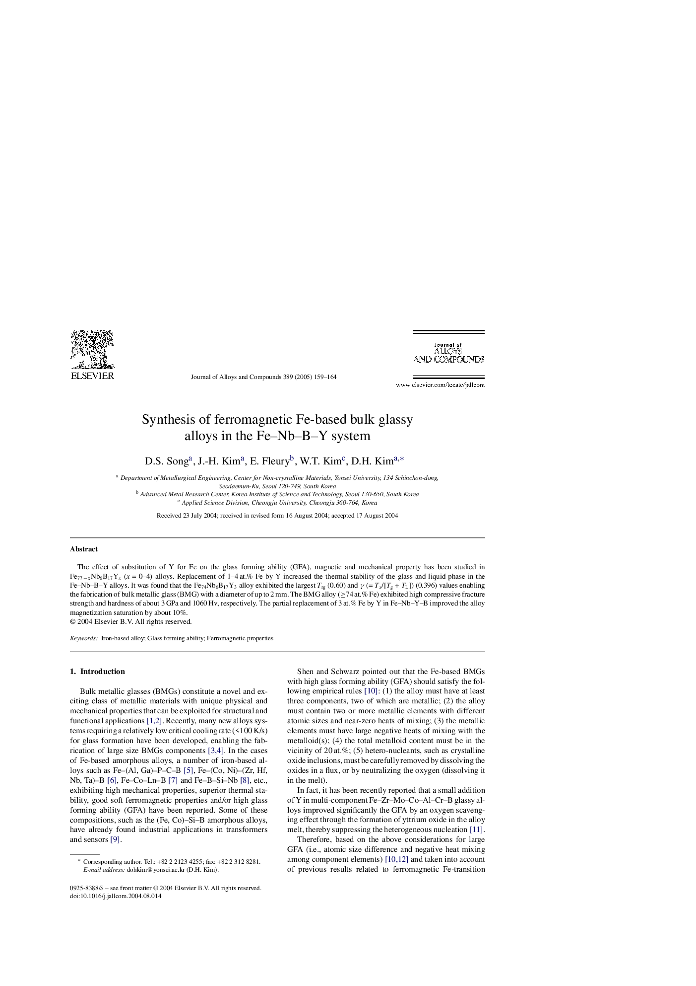 Synthesis of ferromagnetic Fe-based bulk glassy alloys in the Fe-Nb-B-Y system