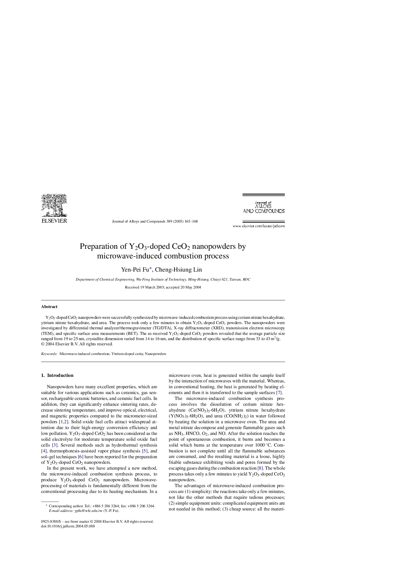 Preparation of Y2O3-doped CeO2 nanopowders by microwave-induced combustion process