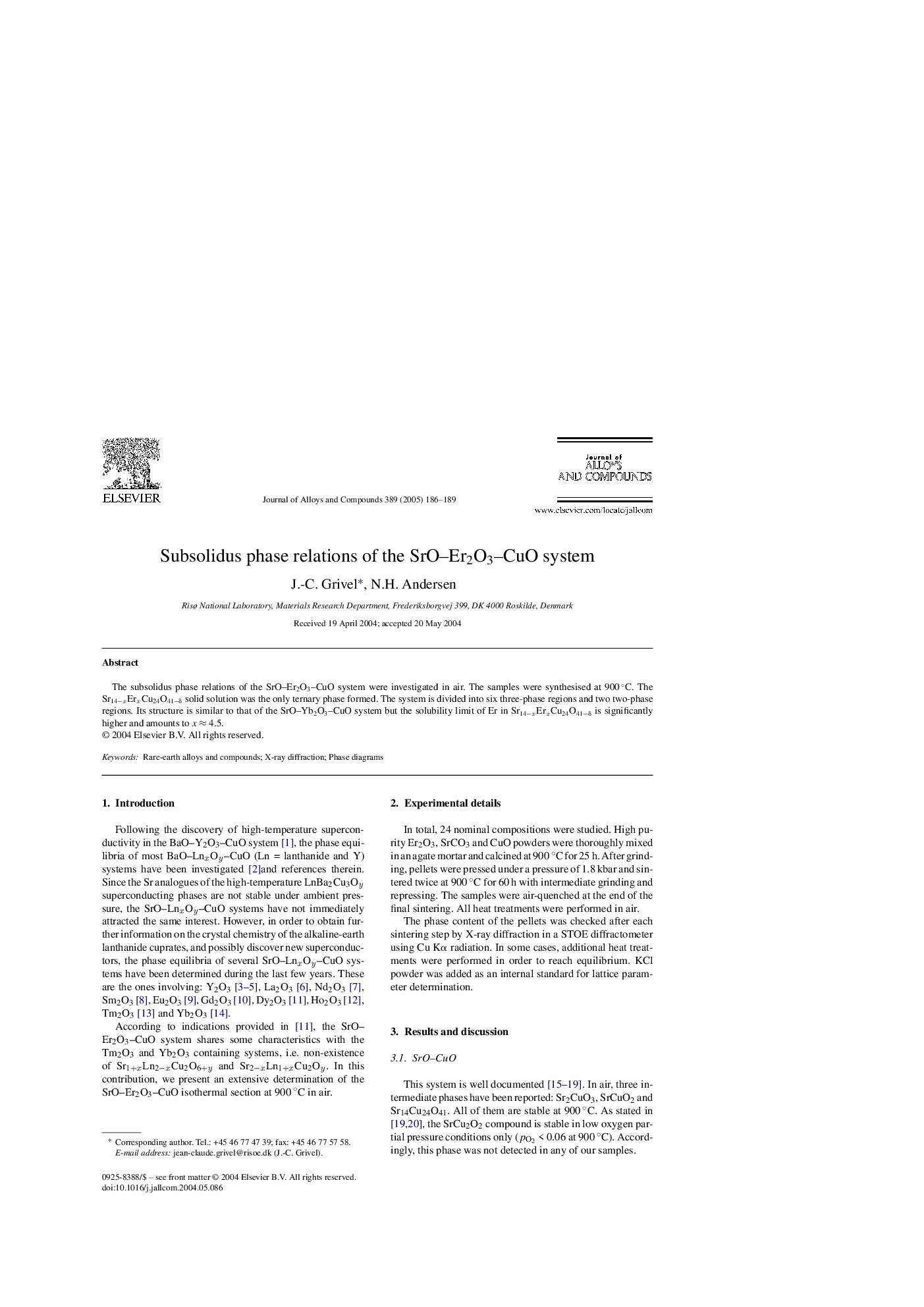 Subsolidus phase relations of the SrO-Er2O3-CuO system