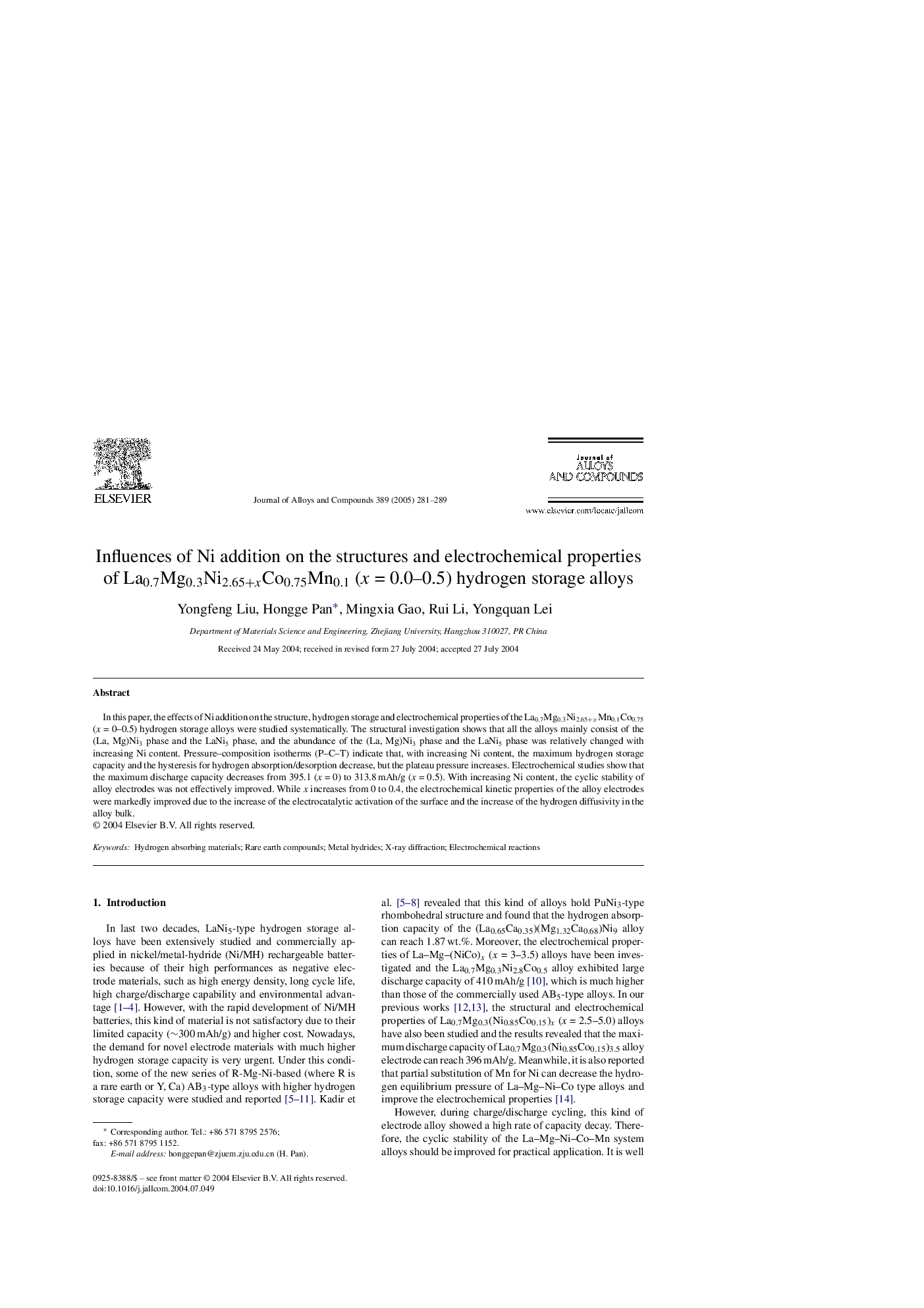 Influences of Ni addition on the structures and electrochemical properties of La0.7Mg0.3Ni2.65+xCo0.75Mn0.1 (x = 0.0-0.5) hydrogen storage alloys