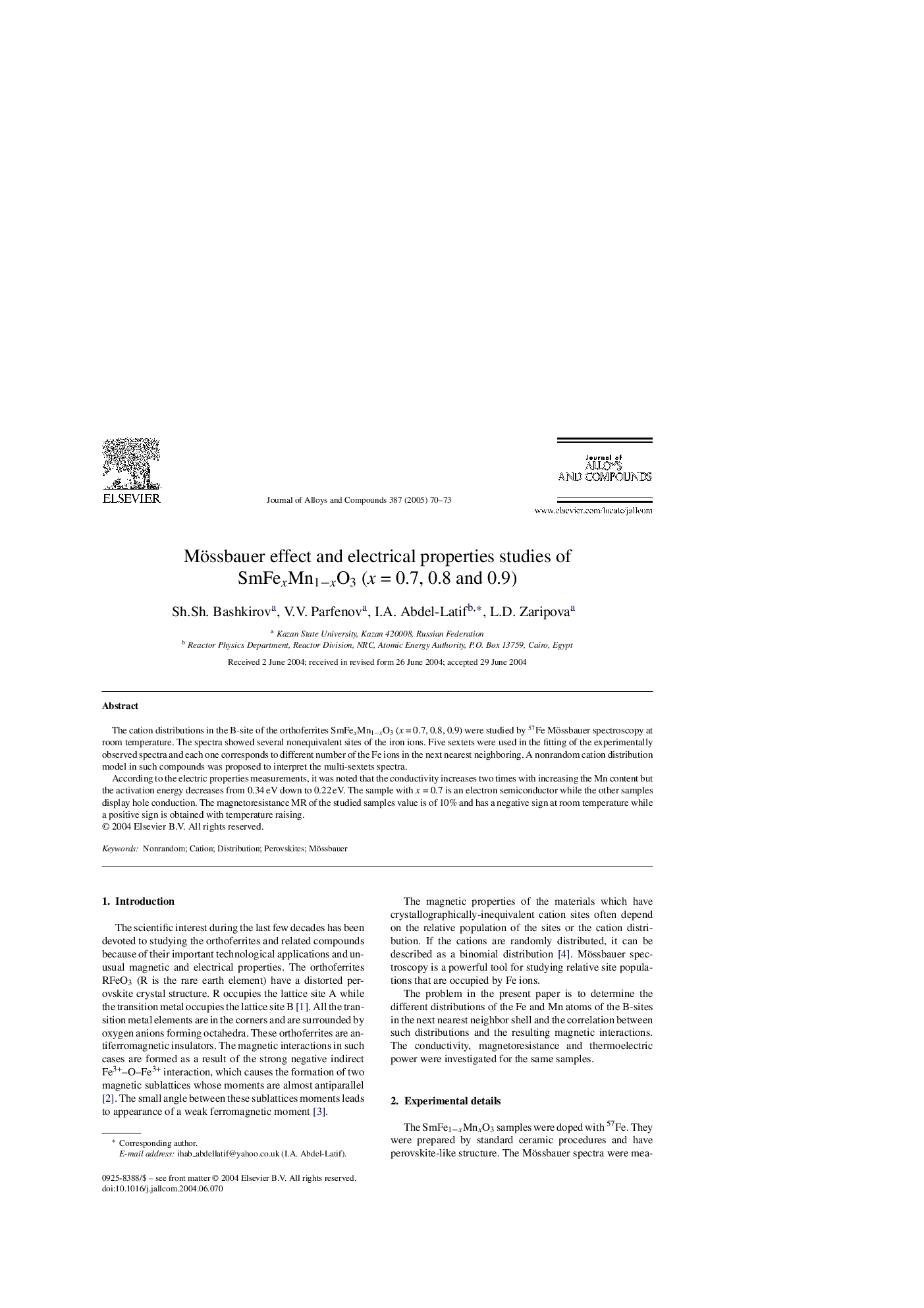 Mössbauer effect and electrical properties studies of SmFexMn1âxO3 (x = 0.7, 0.8 and 0.9)