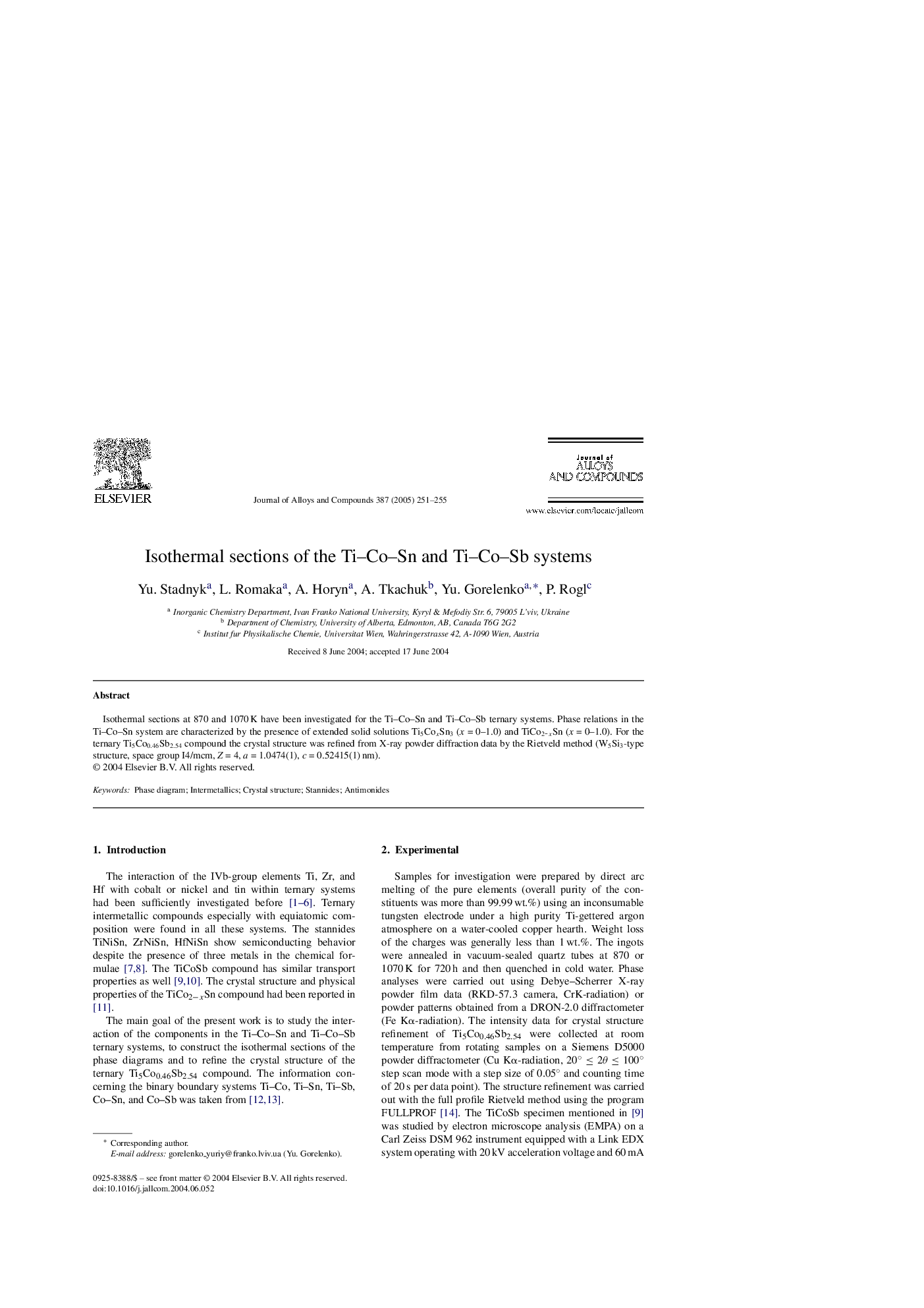 Isothermal sections of the Ti-Co-Sn and Ti-Co-Sb systems